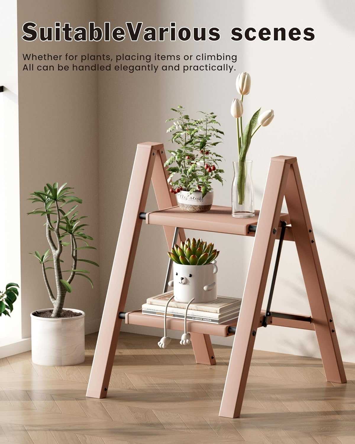 2 Step Ladder, Aluminum Lightweight Folding 2 Step Stool with Anti-Slip Wide Pedal,330lbs Capacity Steel Ladder for Household and Office(Light Peach Pink)