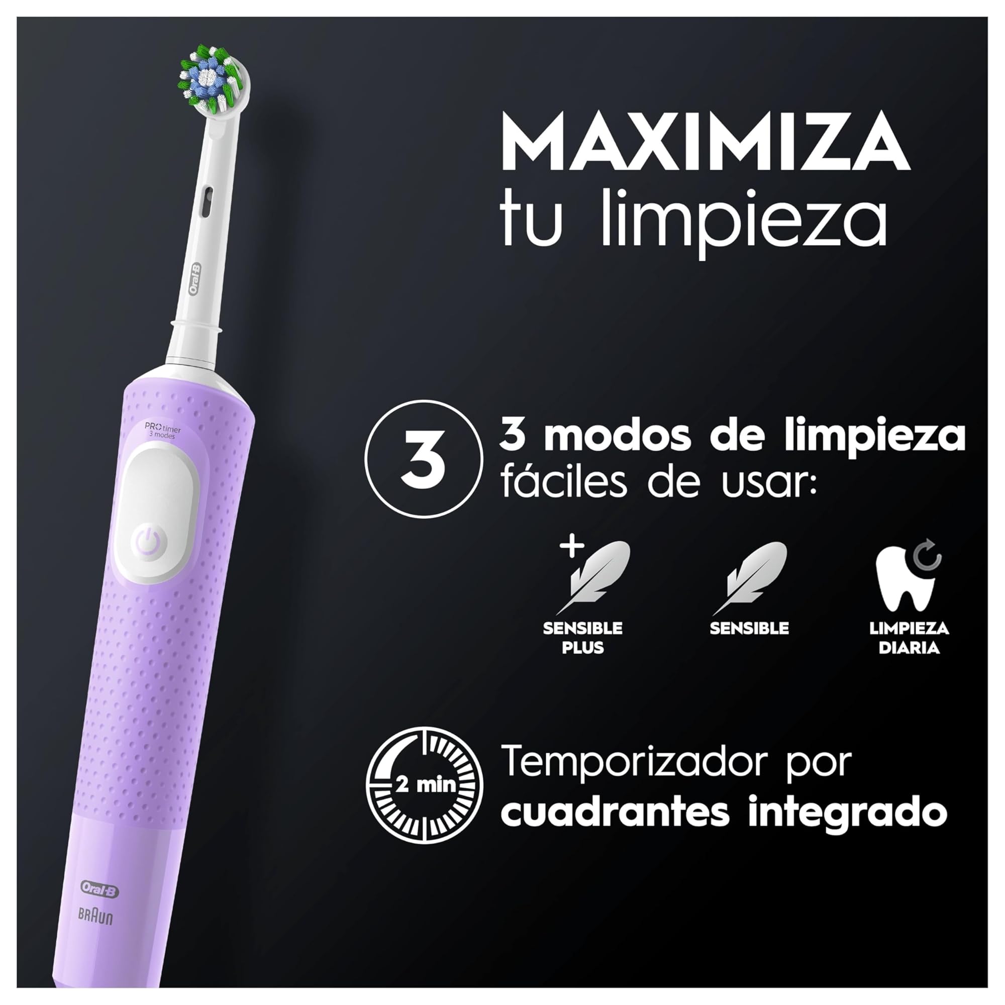 Oral-B Vitality PRO Cepillo de Dientes Eléctrico con Mango Recargable, 3 Modos de Limpieza, Temporizador y Batería de Larga Duración - Lila