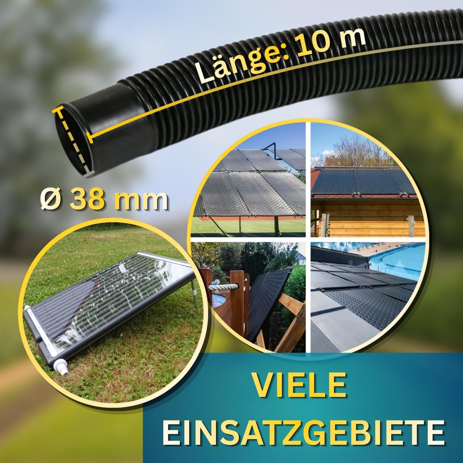 10m Solarschlauch de Luxe Ø 38 mm schwarz - UV-beständig und unterdruckbeständig - mit Doppelmuffe alle 50 cm - temperaturbeständig von -40 bis +70 C - Made in Germany