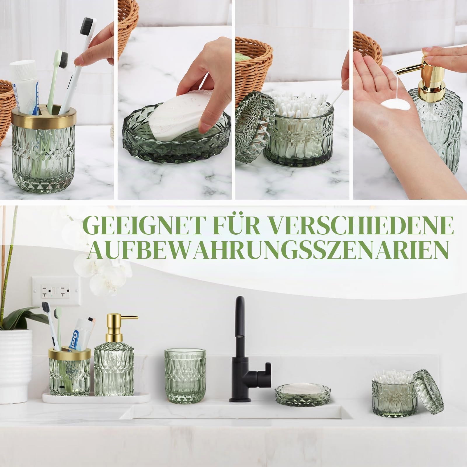 5-teiliges Badezimmer-Set aus Glas, Stilvolle Badezimmer-Deko mit Seifenspender, Zahnbürstenhalter, Wattepad-Halter, Becher, Seifenschale für Waschtisch, Badezimmer(Grün)