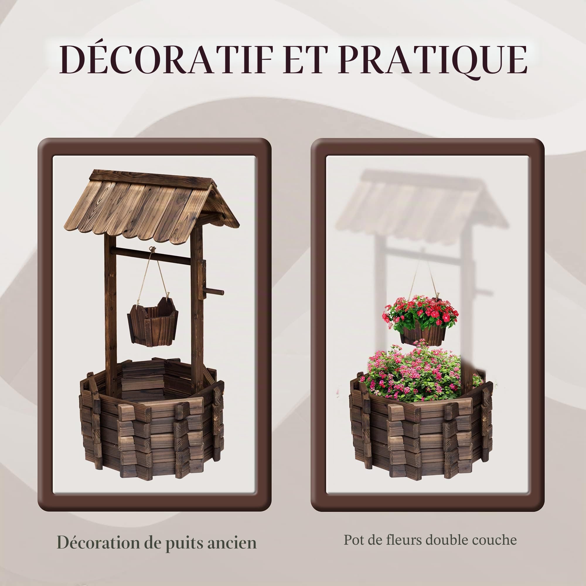 Outsunny décoratif puits en Bois d'extérieur Pot de Fleurs Jardin Décor de Jardin W/Seau