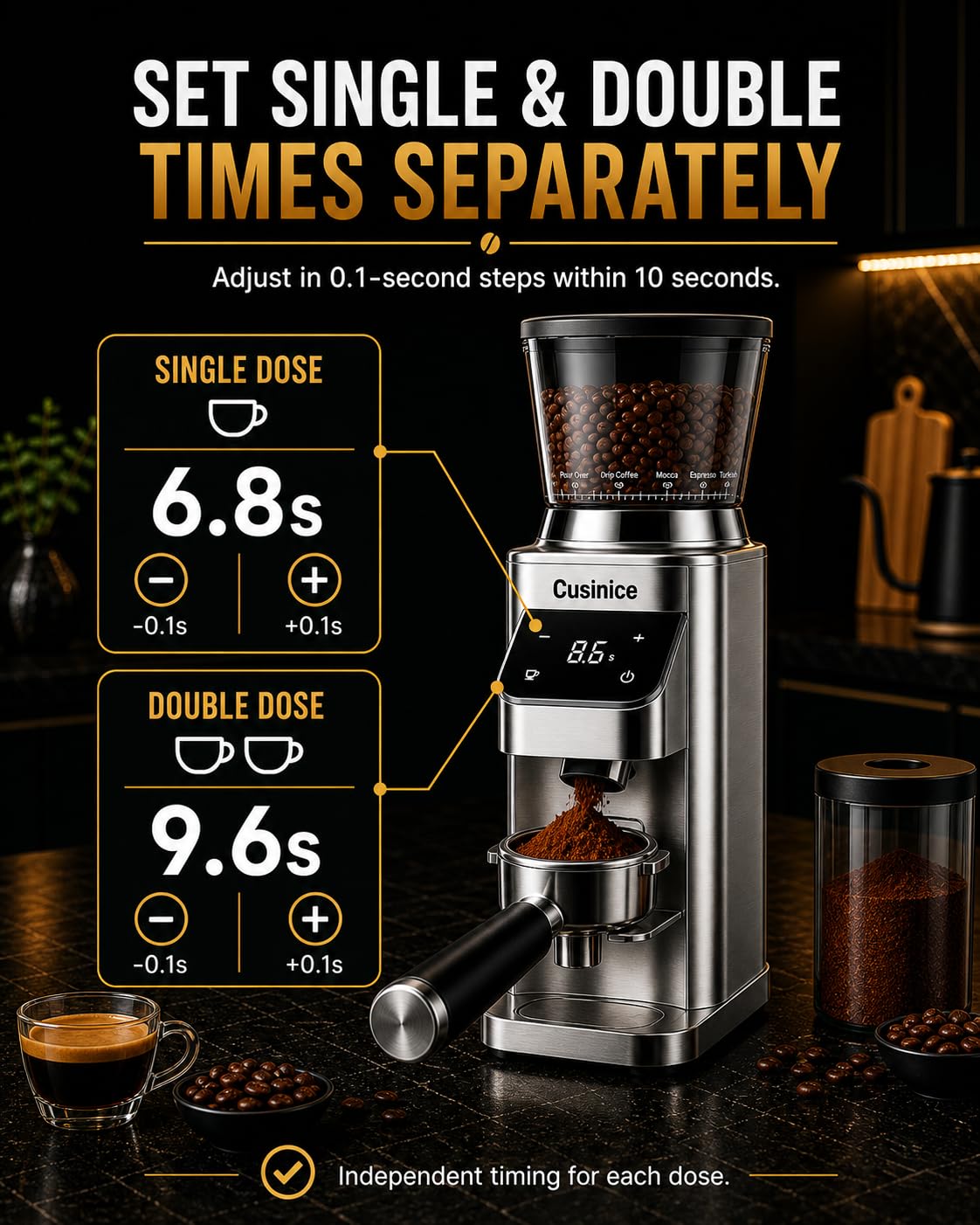 Molinillo de café expreso, 48 ajustes de molienda precisos, rebaba antiestática de acero inoxidable de 40 mm, temporizador electrónico de 0.1 s, tolva de granos de 11.5 onzas, molinillo de café cónico