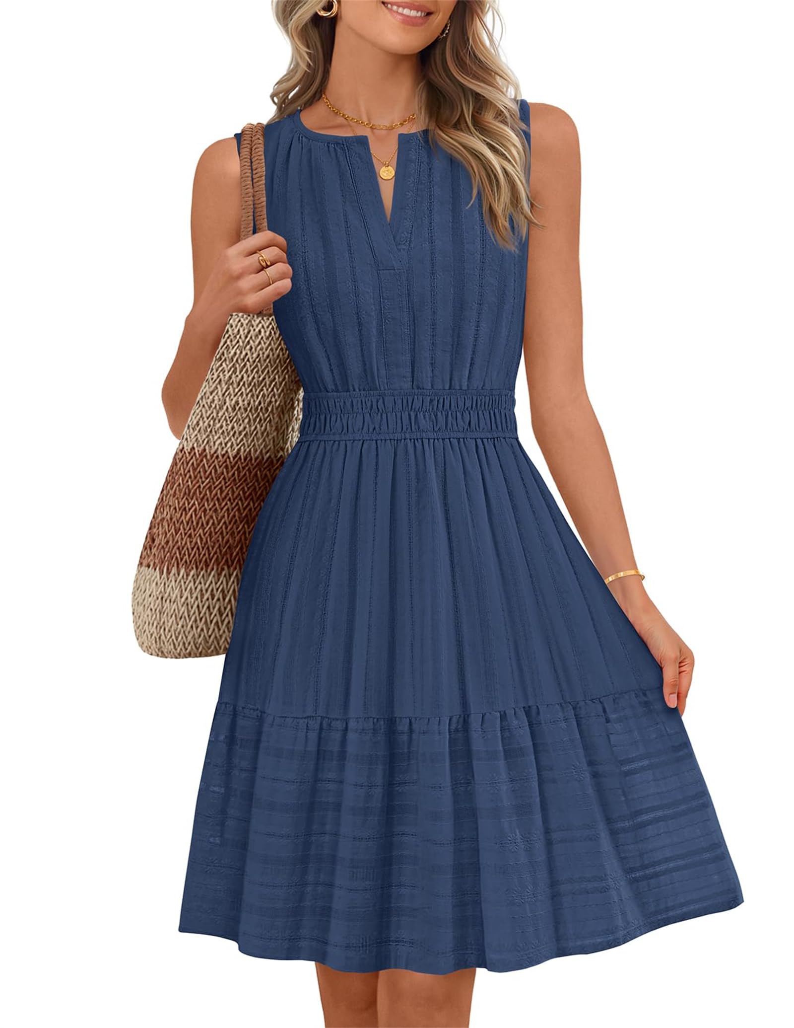 Abito estivo casual da donna, a vita alta, in spiaggia, per vacanze, senza maniche, scollo a V, abito svasato, stile boho, midi