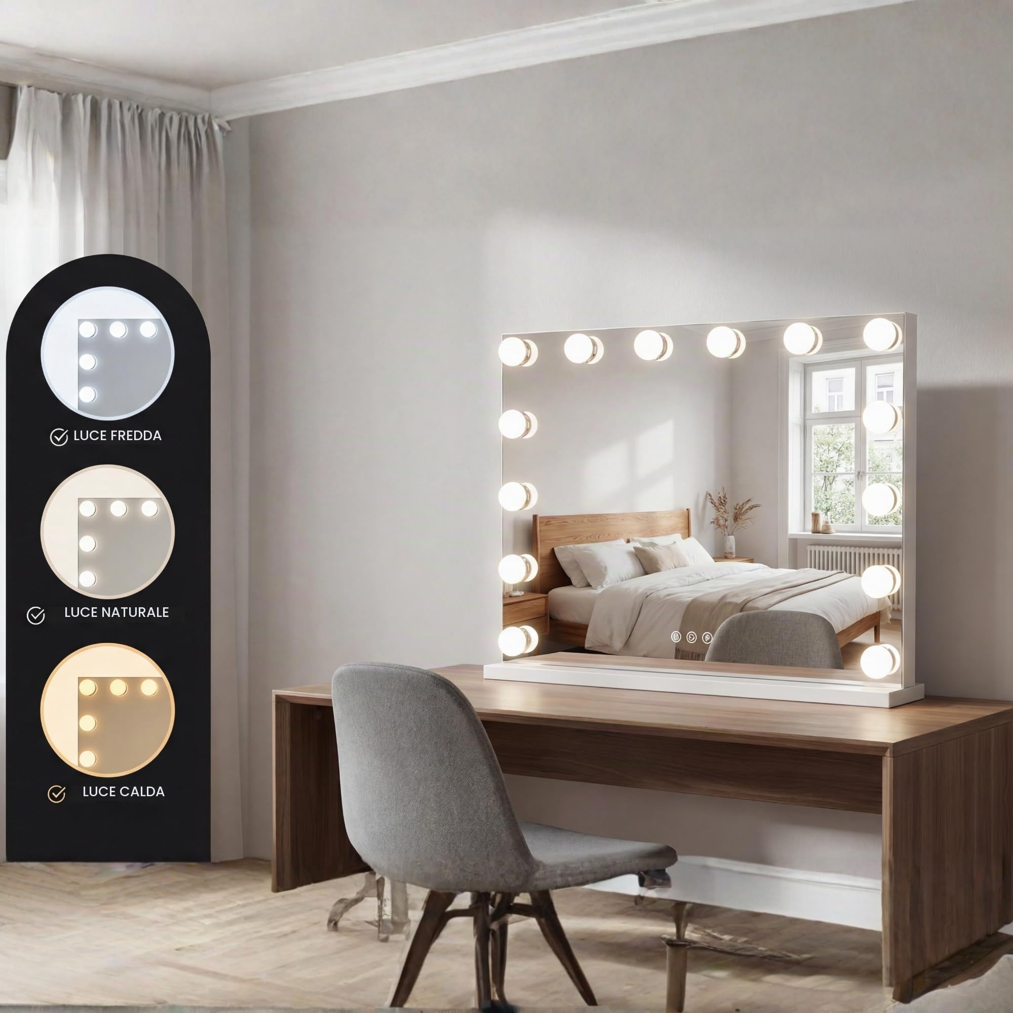 Bayt Specchio Trucco con luci LED – Specchio Hollywood Bianco 50x40 cm con 14 Lampadine Dimmerabili, 3 Tonalità di Luce (calda, fredda, naturale), Touch Screen & Specchietto Ingranditore 10x