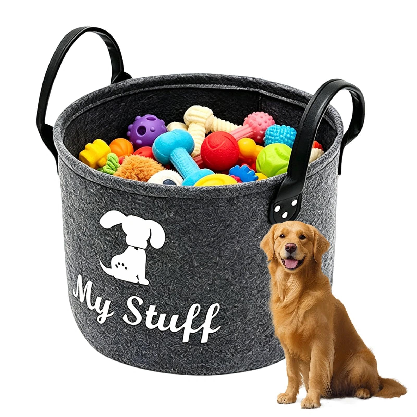 Dog Toy Basket Storage, Foldable Felt Dark Grey Open Storage Bins with Sturdy Handles, Multi-functional Pet Supplies Storages Box, Durable Organiser for Dog Toys, Leashes Blankets Household Sundries