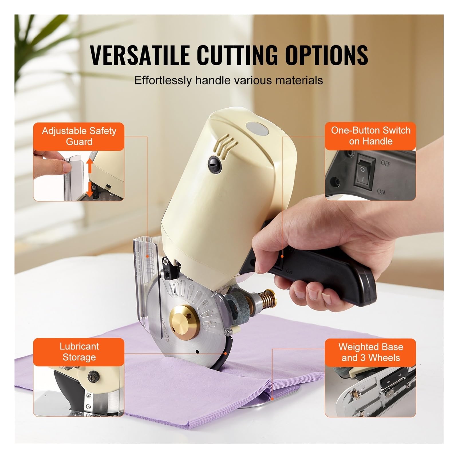 Cortadora de Tela eléctrica rotativa, cortadora de Tela de 170W/250W, Cuchillo Octogonal de Espesor de Corte de 1 "/1,1" con Hoja