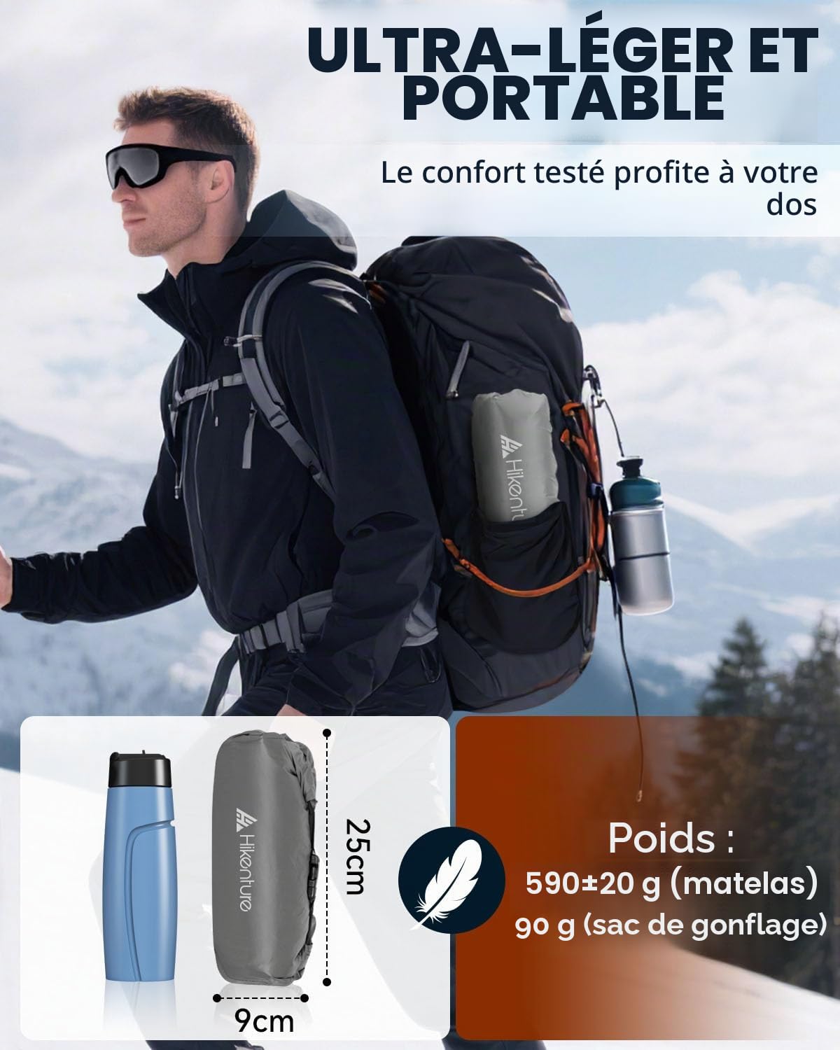 HIKENTURE R-Value 6.2 Matelas de Camping 1 Place, Ultraléger et Compact - Isolant 4 Saisons - 8 cm d'Épaisseur - avec Sac de Pompe - Matelas Camping Gonflable pour Trekking, Randonnée, Bivouac-187cm