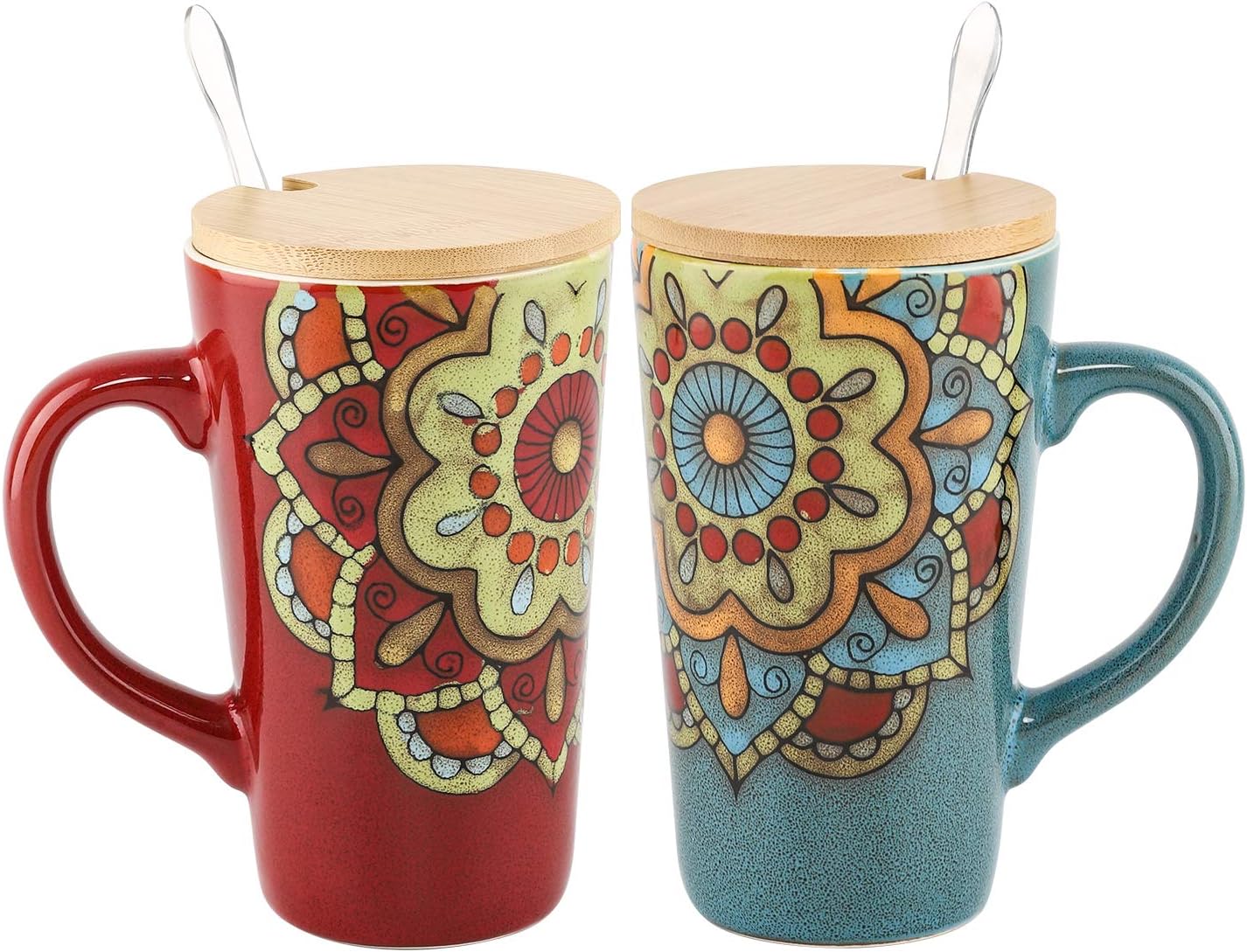 COAWG 17 oz Tall Ceramic Mugs,Handmade Painted Coffee Cup with Wooden Lid and Handle& Spoon Sumflower Tea Mug Great Gift Idea Couple Weeding Present Engagement (Red+Blue Set)