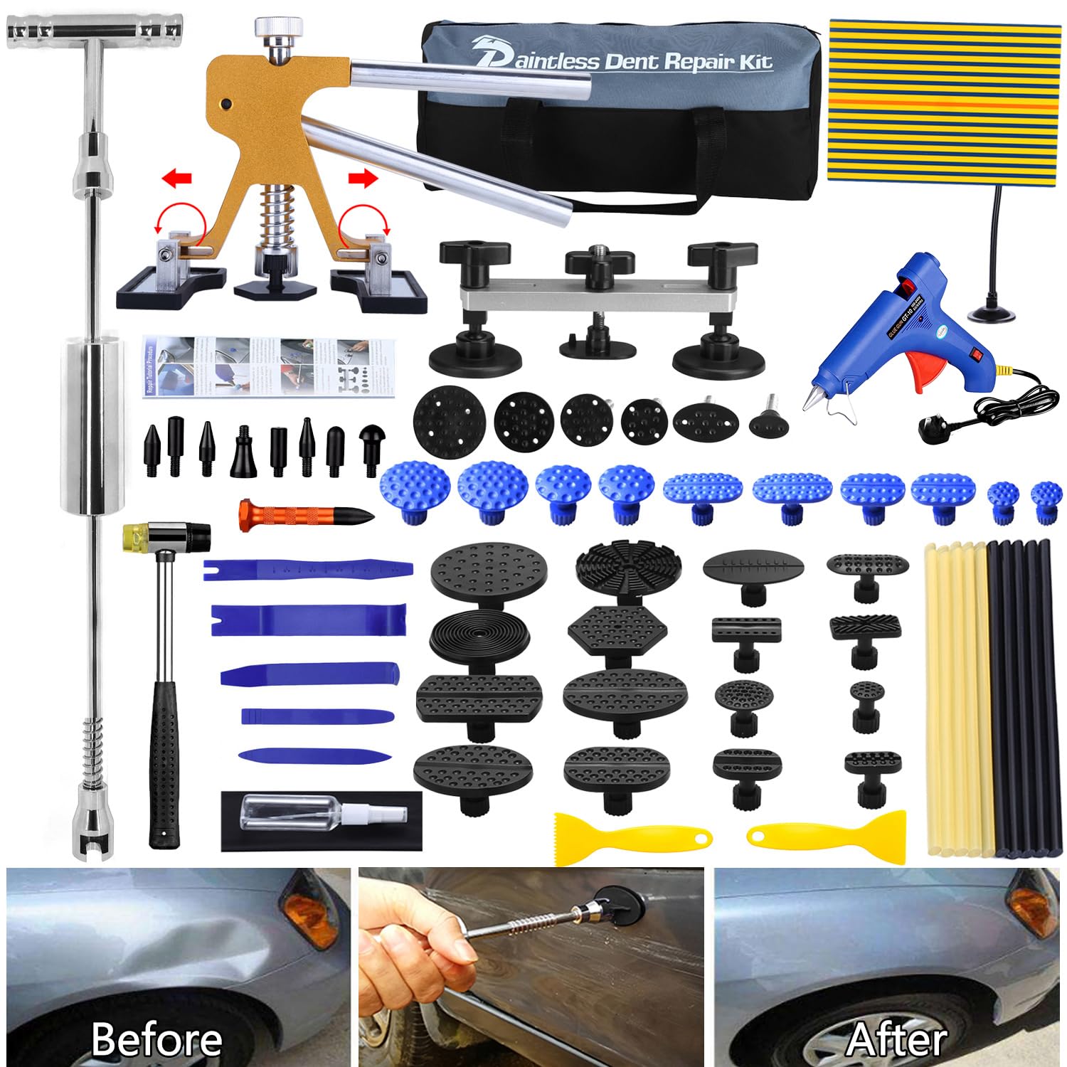 Car Dent Puller Kit with Golden Lifter Dent Remover, Slide Hammer Auto Body Paintless Dent Repair Set and Metal Bridge Puller for Vehicle Dent Removal