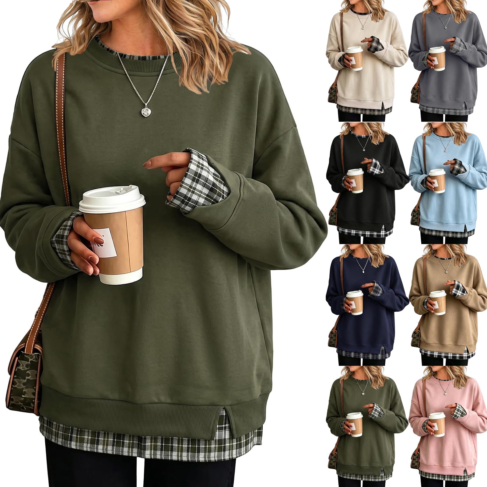 Crew Neck Sweatshirts for Women Cute Oversized Fake Two Piece Sweatshirt