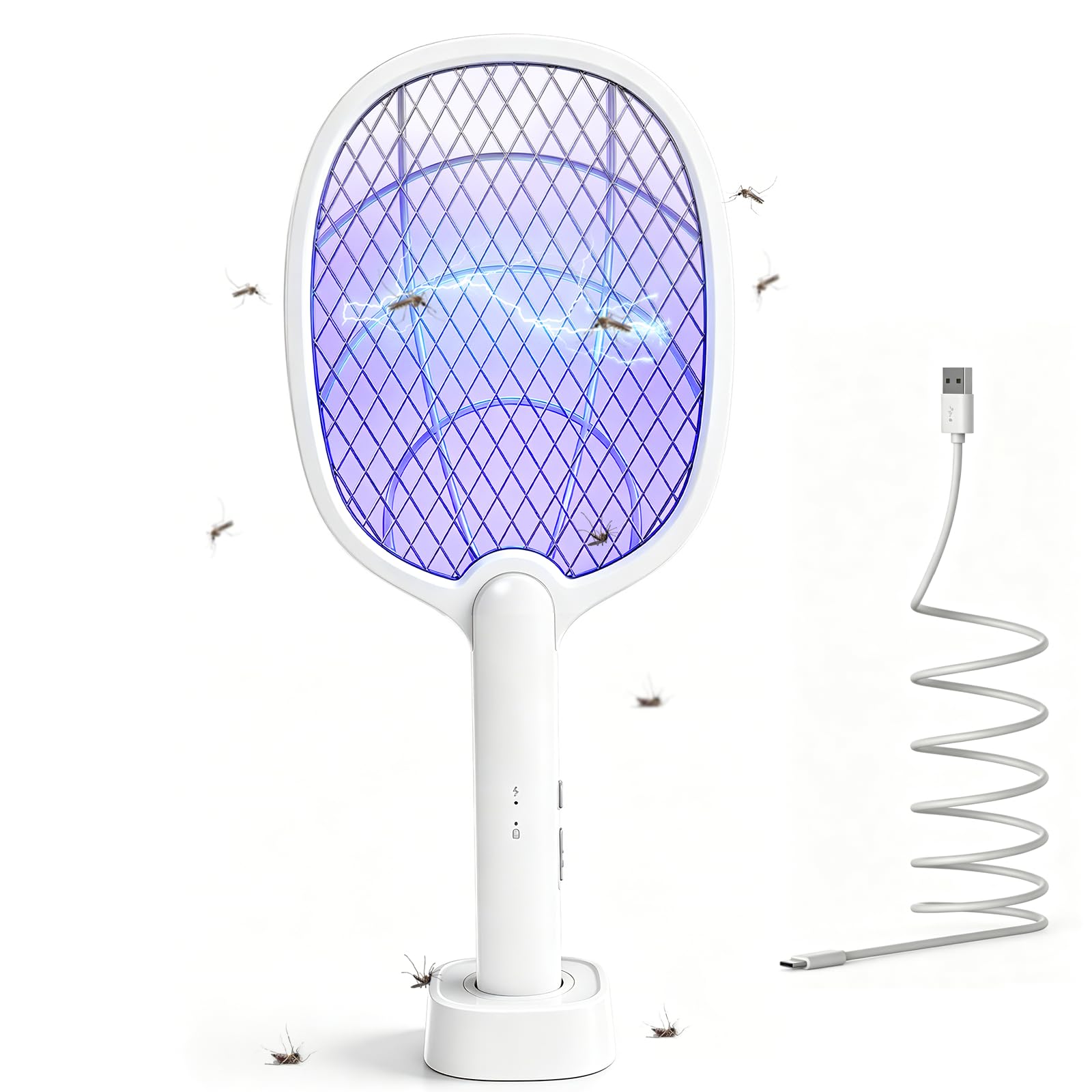 Elektrische Fliegenklatsche Extra Stark 4000V, 2 in 1 Akku Aufladbar Elektro Mückenklatsche, UV Elektrischer Fliegenfänger Insektenfalle mit Ladestation, USB Aufladbar, Insektenvernichter Innen Außen