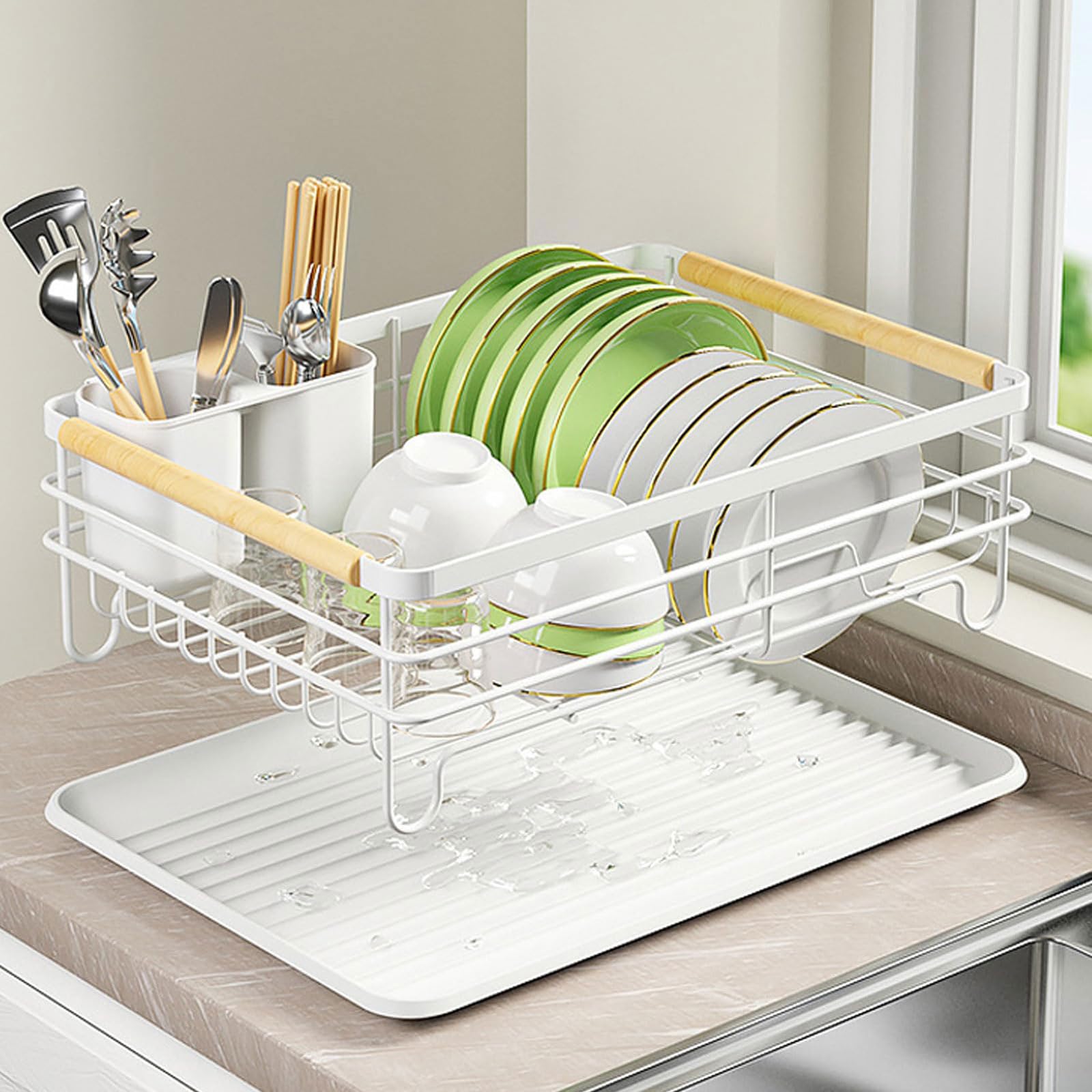 Escurridor de platos 43*30.5*14cm Acero al Carbono Escurridor de Platos para Fregadero con Bandeja Recogegotas y Portacubiertos Secador Ahorra Espacio Multifuncional Resistente al óxido Secaplatos