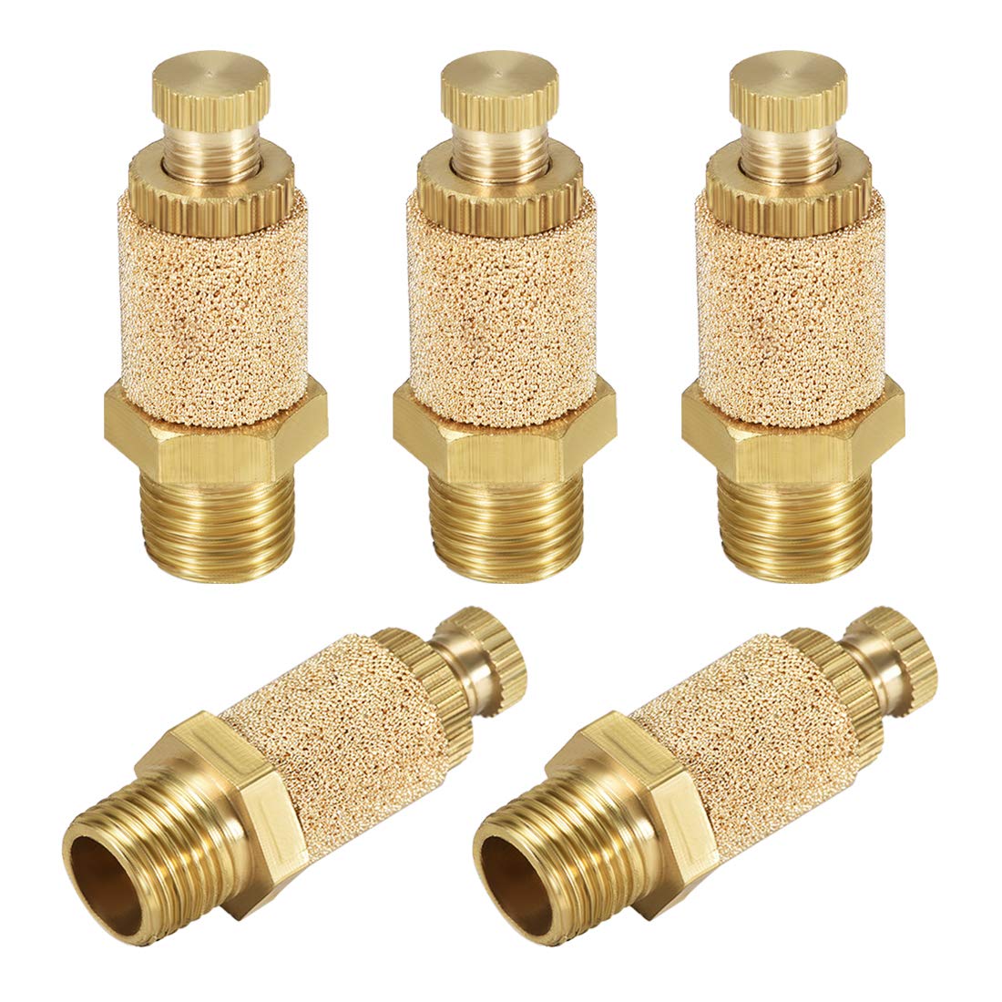 uxcell Sintered Bronze Exhaust Muffler Top Adjustable G1/4 - Brass Body Pneumatic Air Muffler Air Flow Speed Controller Brass Flow Control Muffler 5pcs — Amazon image 4