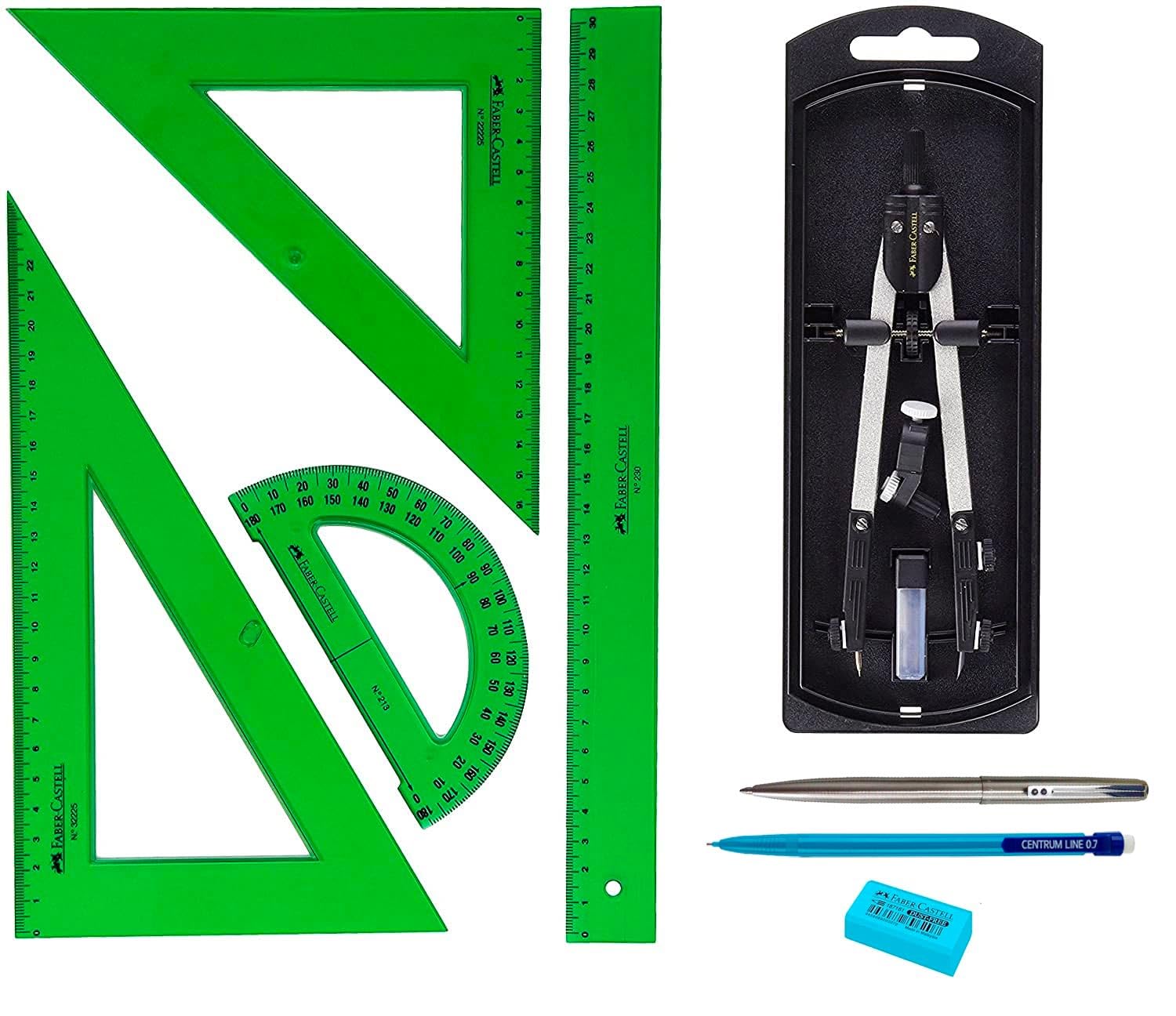 PACK LOTE F Castell. Juego de Reglas Verdes 65021 escuadra, cartabón, regla y semicírculo + Bigotera Compás con adaptador universal 32722-8 + REGALO