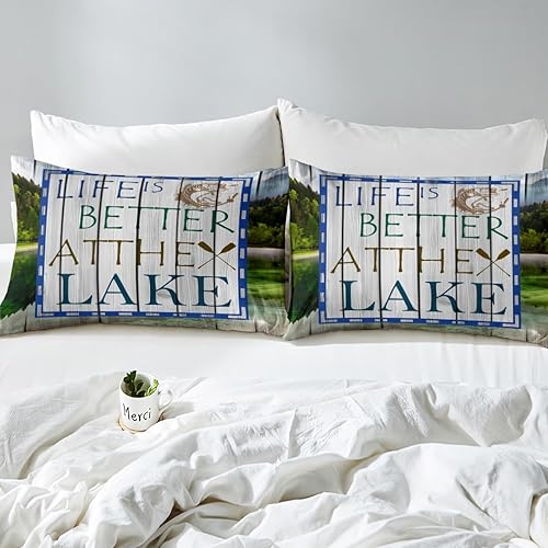 Miniatura 5 de Juego de ropa de cama de pesca en el lago, tamaño Queen para niños, adultos y hombres, juego de sábanas rústicas de madera de granja Life Is Better