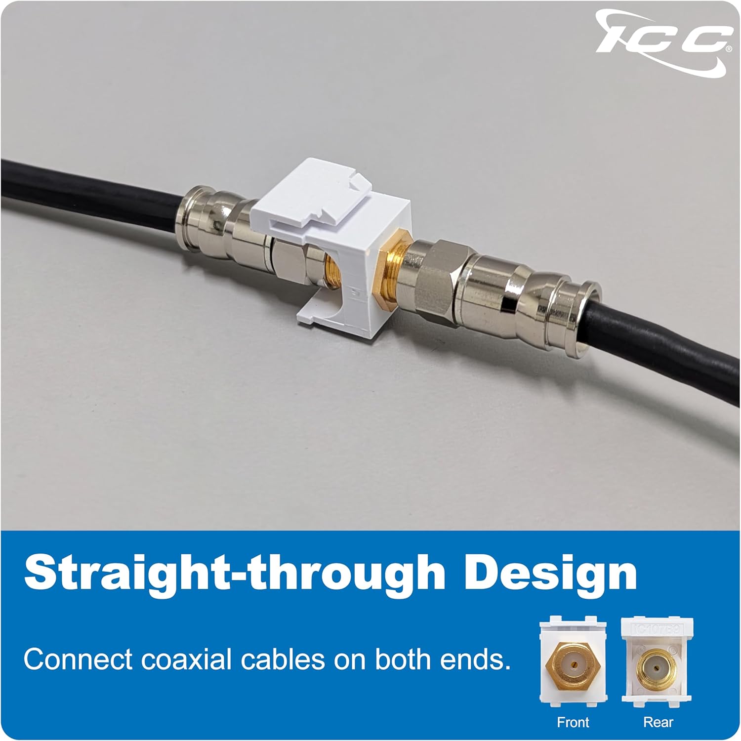 ICC F-Type Keystone Jack, Gold Plated 2 GHz Coax Jack, Female to Female, RG6 RG59 Compatible, Coaxial Wall Plate Insert, White, 25-Pack