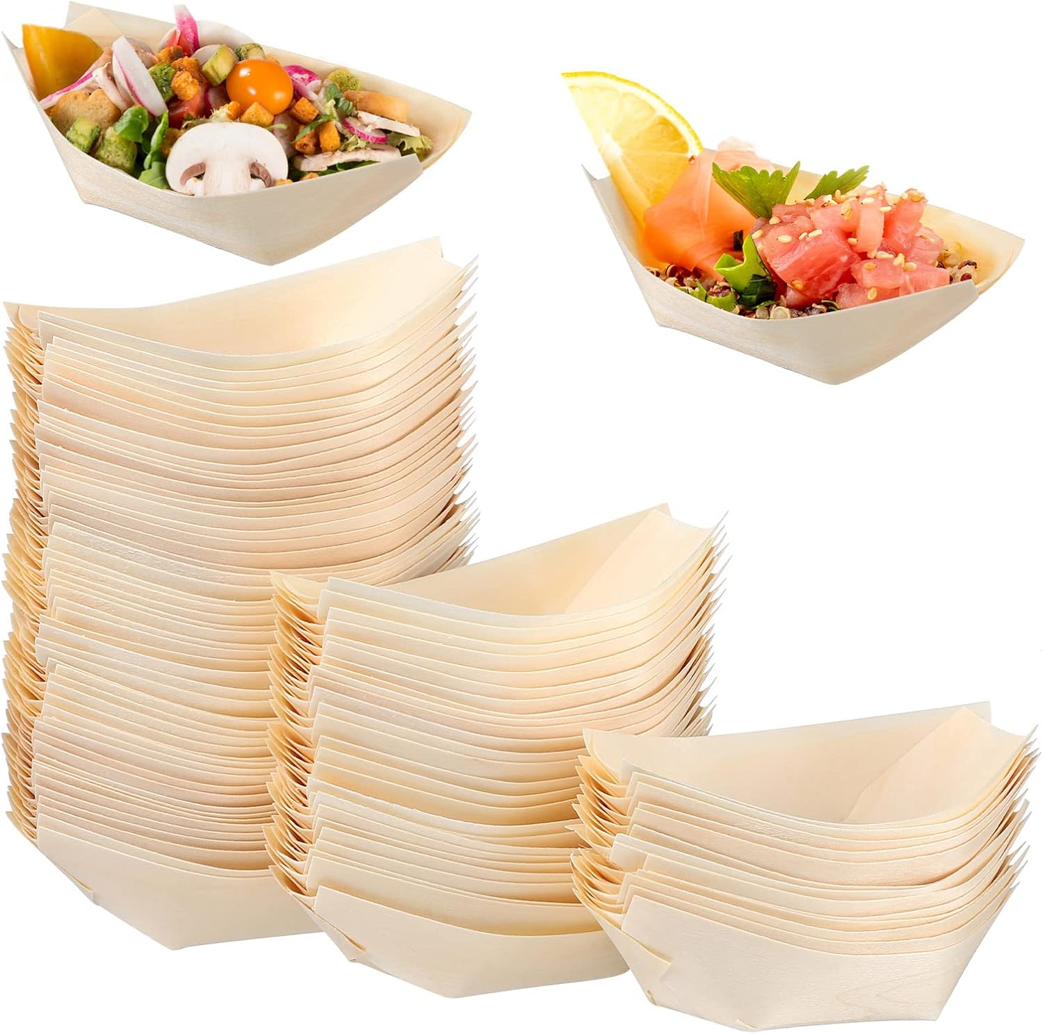 Hemoton 50 Pack Bamboo Wooden Disposable Food Boat Plates Disposable Dessert Plates Mini Sushi Serving Tray Food Container Trays for Party Weddings Picnic, Actual Size Used: 5.5" 2.7" W x 0.78" H