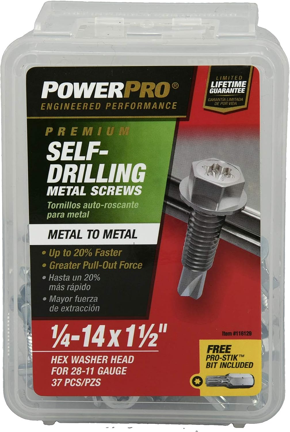 Power Pro Premium Self-Drilling Metal Screws, Zinc Plated Steel, Hex Washer Head Metal to Metal Winged Point Screws, Silver, ¼ x 1-½ inches, Box of 37 Screws