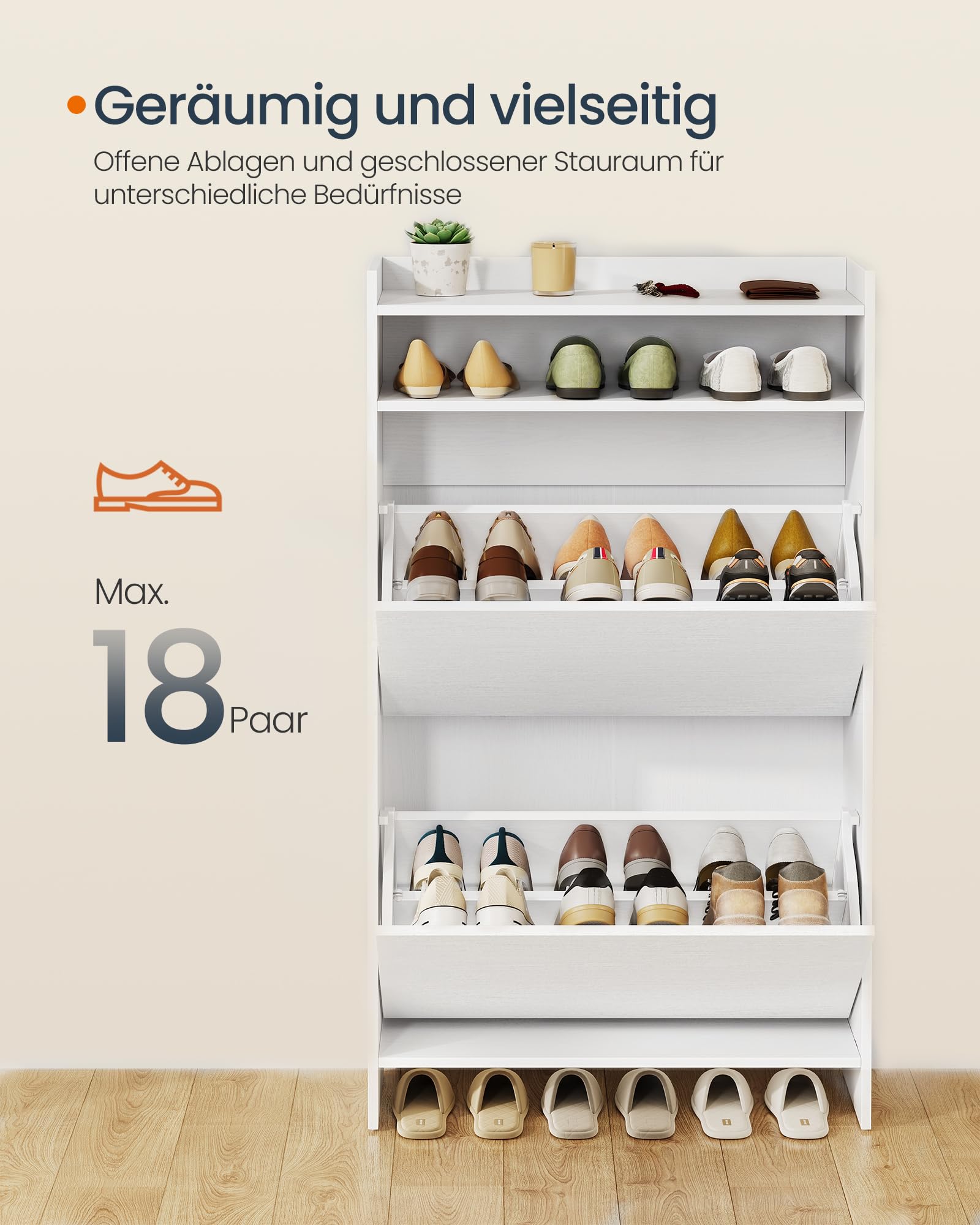 SONGMICS HOME Schuhschrank 2 Klappen, Snapsemble – superschnelle Montage， Schuhkipper schmal, Schuhaufbewahrung, Trennwand verstellbar, modern, für Flur, schneeweiß LBC228WE01