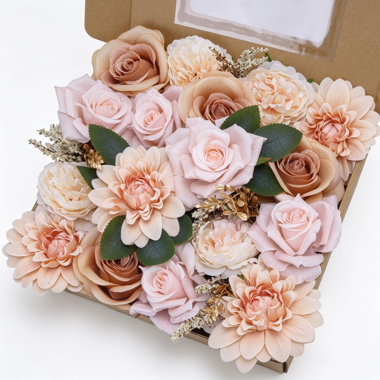 Artificial Flowers Combo Box Champagne Pink Artificial Roses Peonies Dahlia Silk Fake Flowers Faux Flower Head for Cake Decor DIY Wedding Bouquets Table Centerpieces Baby Shower Birthday Party Home