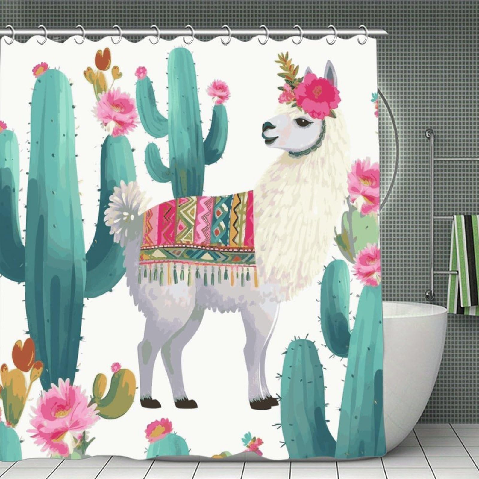 VstaDank Tropical Llama Alpaca Cactus Flower Shower Curtain 71x71 Heavy Duty Polyester Cloth Bath Curtain with Hooks Thick Waterproof Shower Liner Fun Magic Decorative Bathroom Curtains for Bathtub