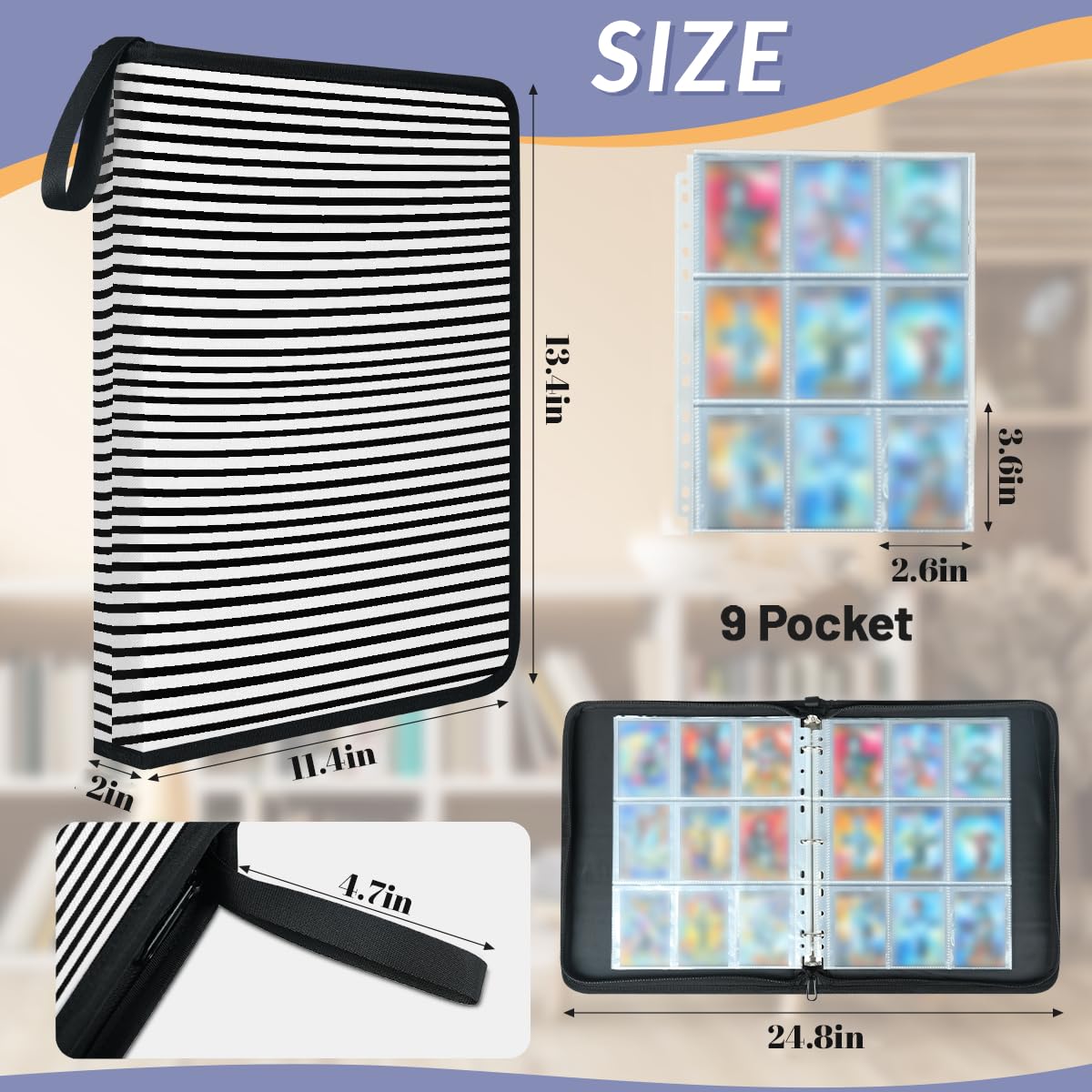 Raccoglitore per carte con 9 tasche, 900 tasche, con chiusura a cerniera (motivo a righe bianche e nere)