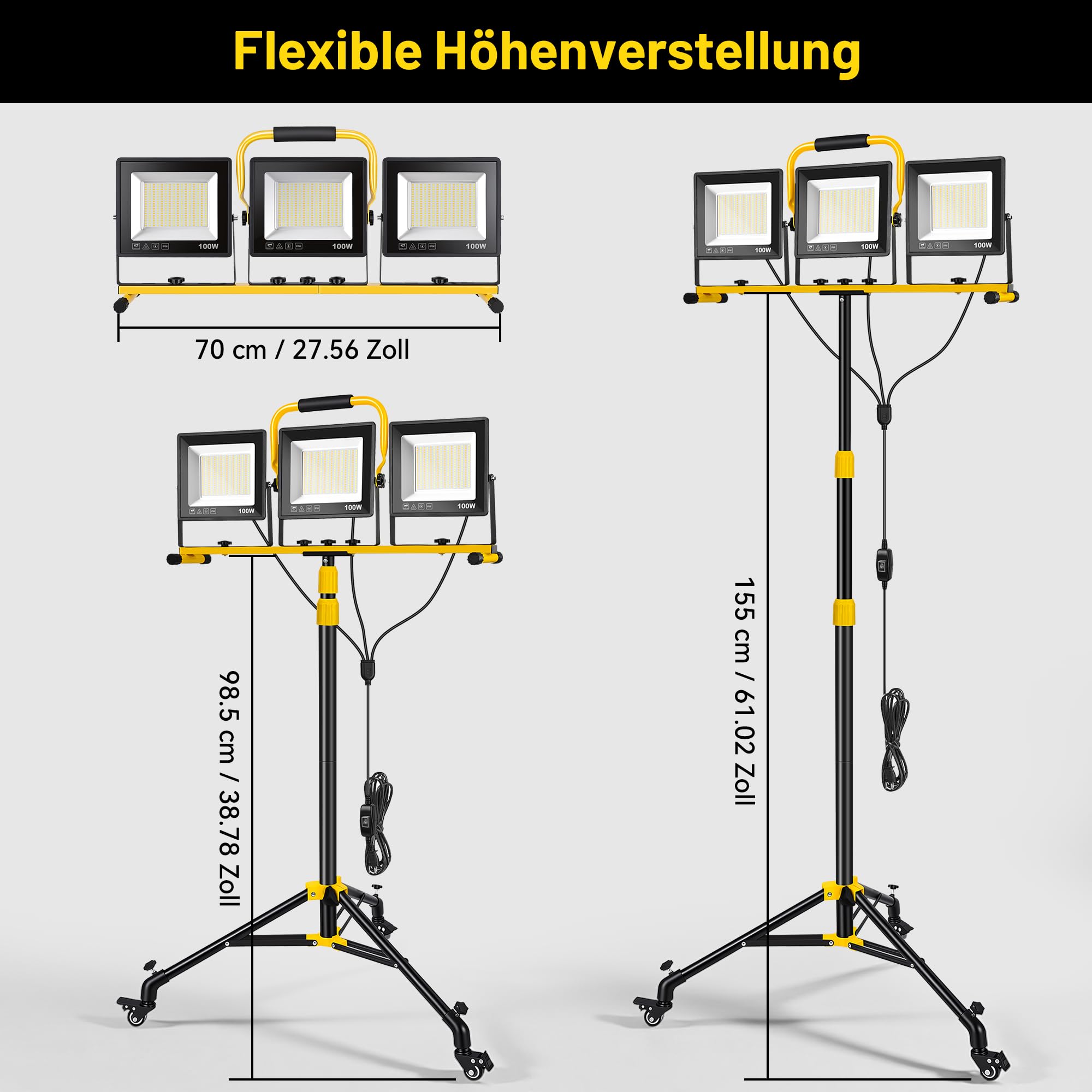 YEARTOP Baustrahler LED mit Rollstativ, IP66 Baustrahler mit 5 m Netzkabel | Höhenverstellbar 98-155 cm, 300W Baustellenlampe Dreifarbig (3000K/5000K/6500K) für Baustelle/Renovierung/Detailing/Werkstatt