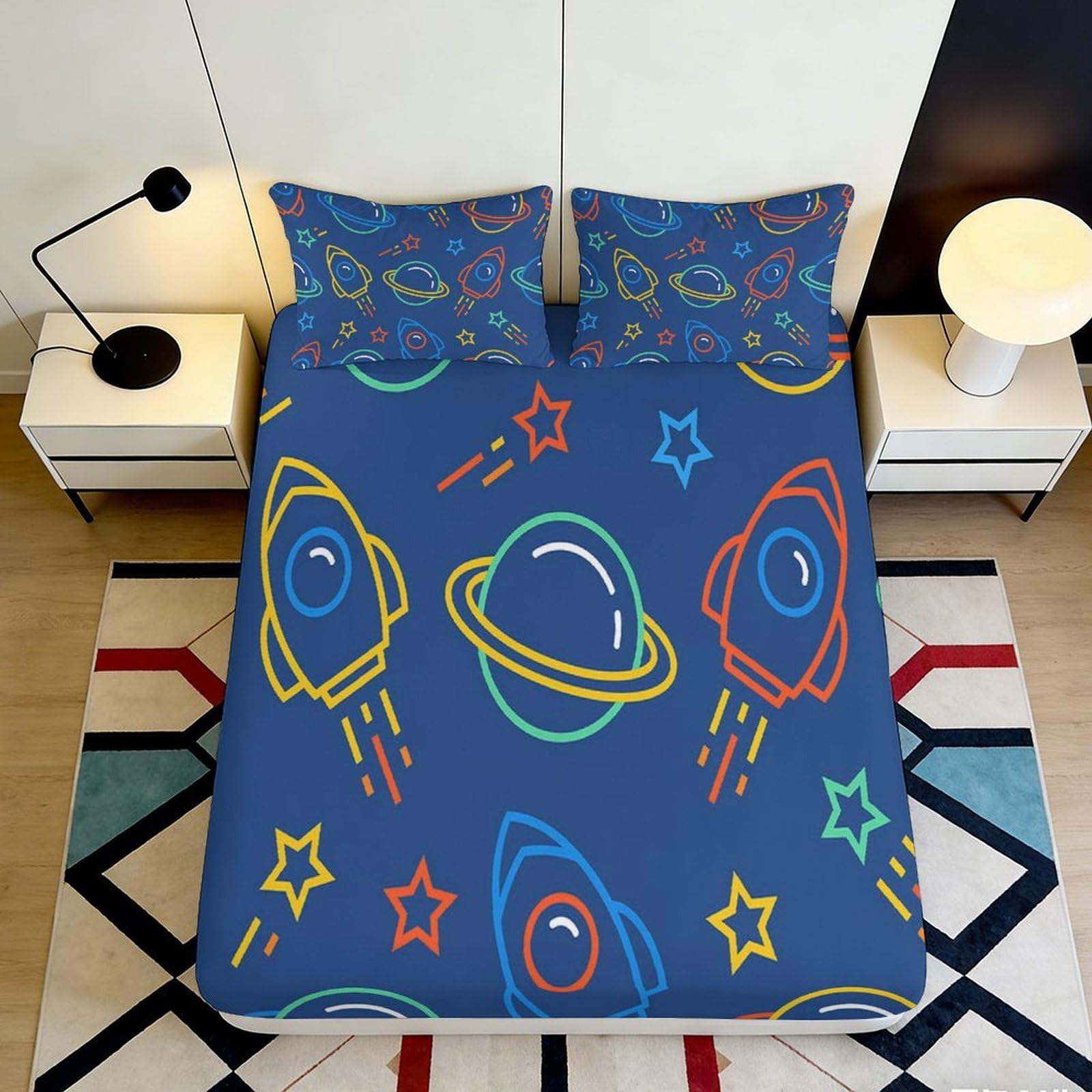 3D Printed Space Rocket Fitted Sheet Microfiber Soft Breathable Planet Mattress Cover for Bedroom Dorm Guest Room Decor 160x200x25cm
