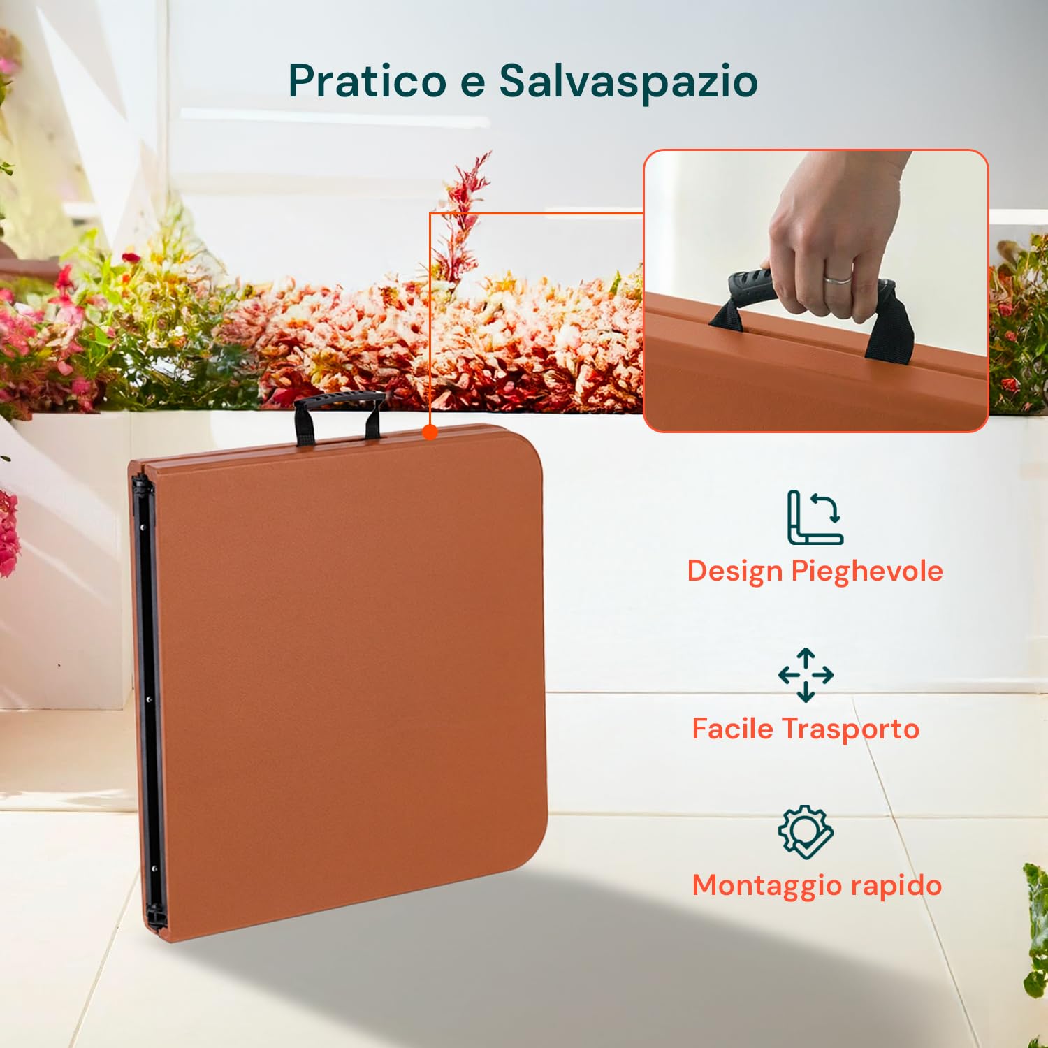 Avilia - Tavolo Pieghevole da Pranzo Salvaspazio per Cucina e Soggiorno, Richiudibile e Portatile con Blocco di Sicurezza, Superficie in HDPE per 6 Persone, 180x70x74 cm (Marrone)