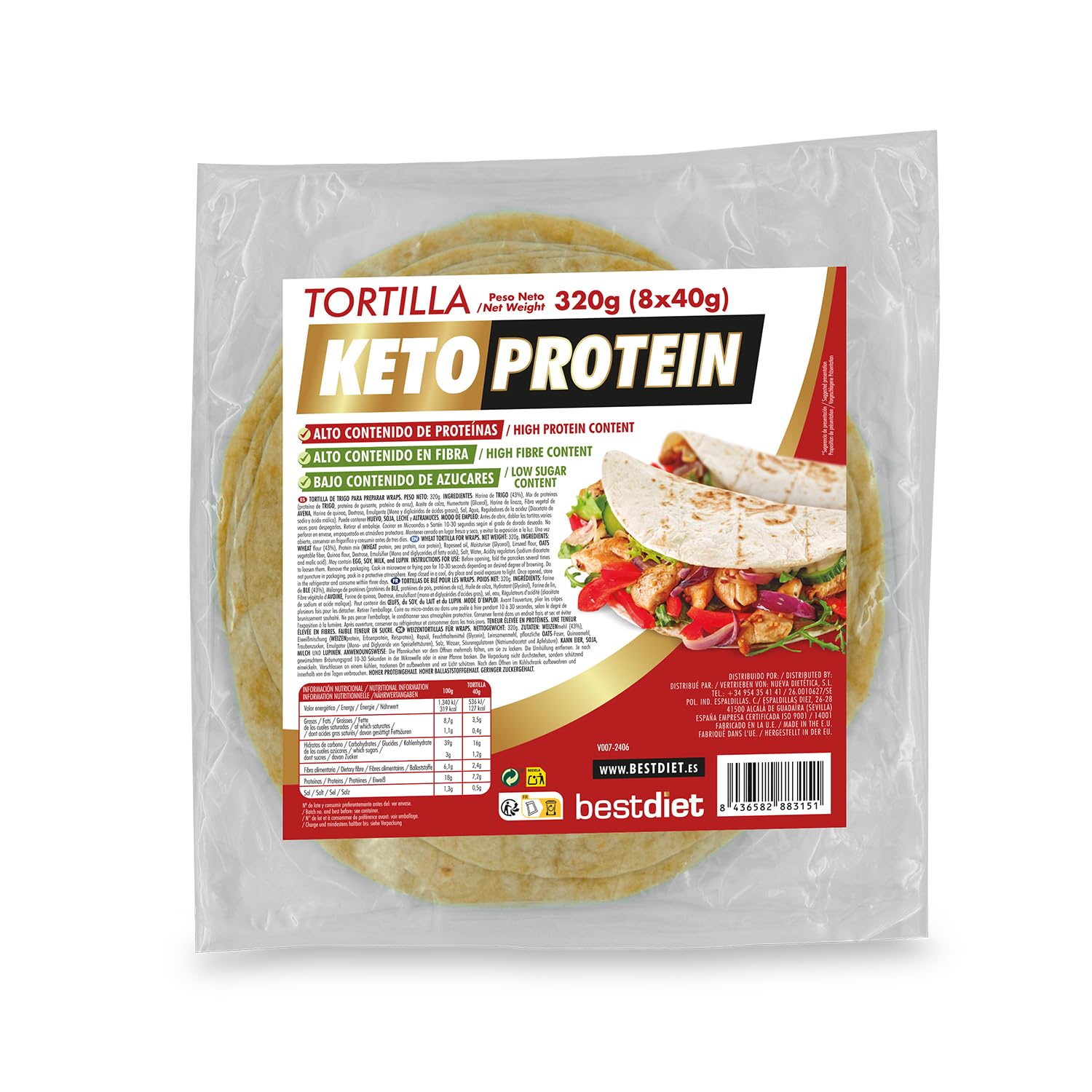BestDiet Keto Protein Tortillas de blé -35% glucides, 22% protéines, 3 paquets 8 tortillas mexicaines 320g