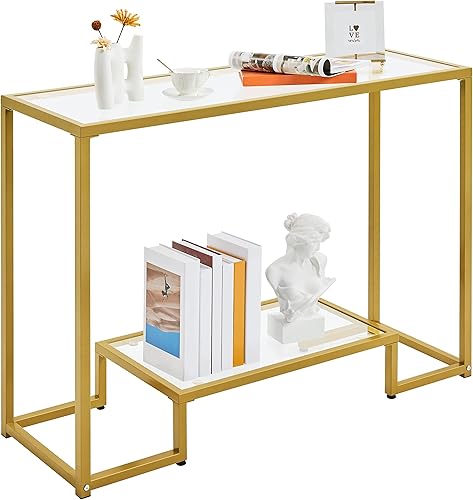 Topeakmart Mesa de consola de 42 pulgadas, mesa de sofá estrecha de vidrio templado, mesa de entrada de 2 niveles con estantes de almacenamiento y
