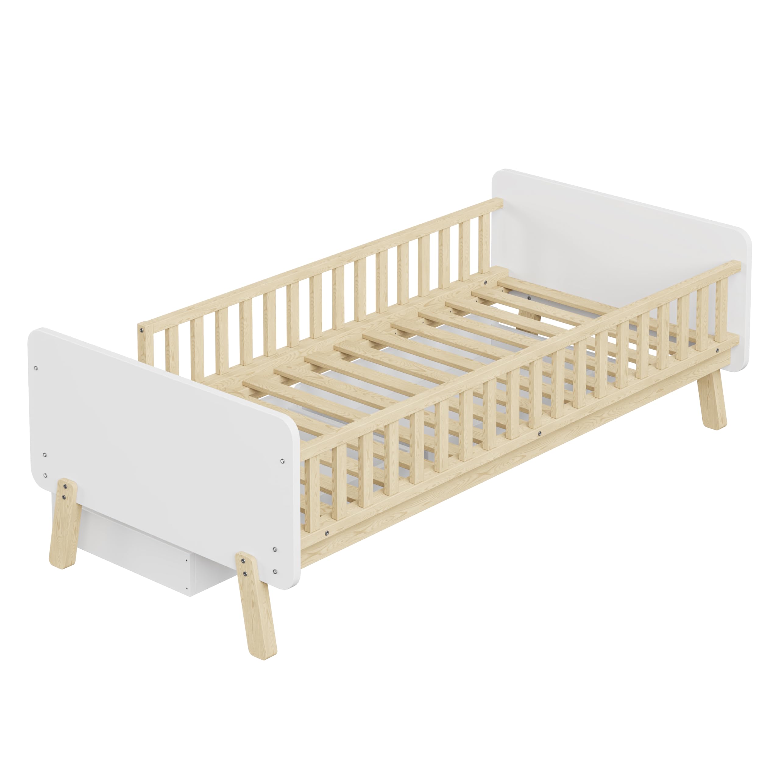 Lexiou Cama infantil 90 x 190 cm con 2 cajones, cama individual de madera maciza con somier (blanco)