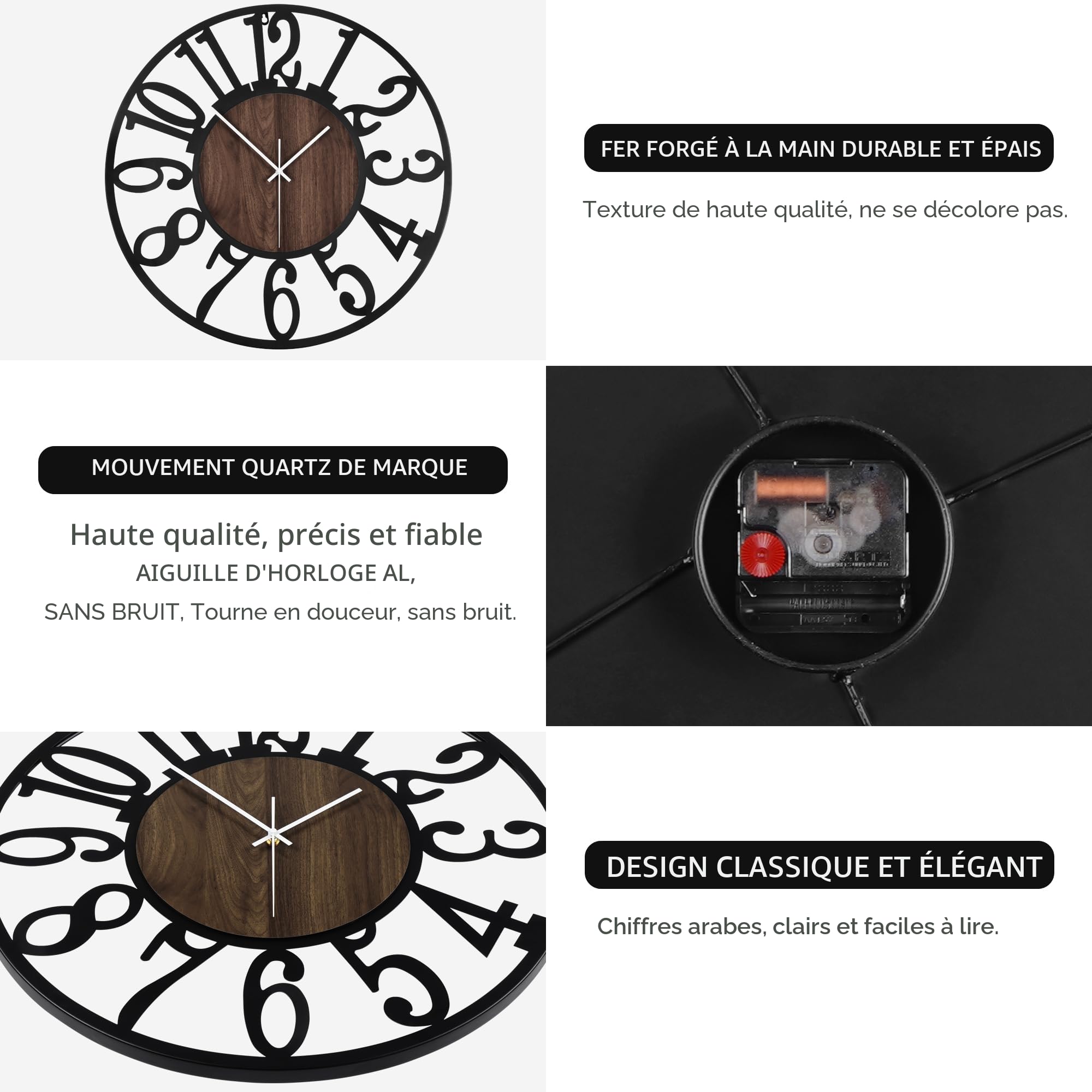 Horloge Murale Design Moderne et Vintage, 60cm/ 24 Pouces Silencieuse sans Tic-Tac, Grande Horloge Murale Géante XXL, Disponible en 34cm, 40cm, 50 cm, 60 cm, 80 cm pour le Salon Cuisine Bureau