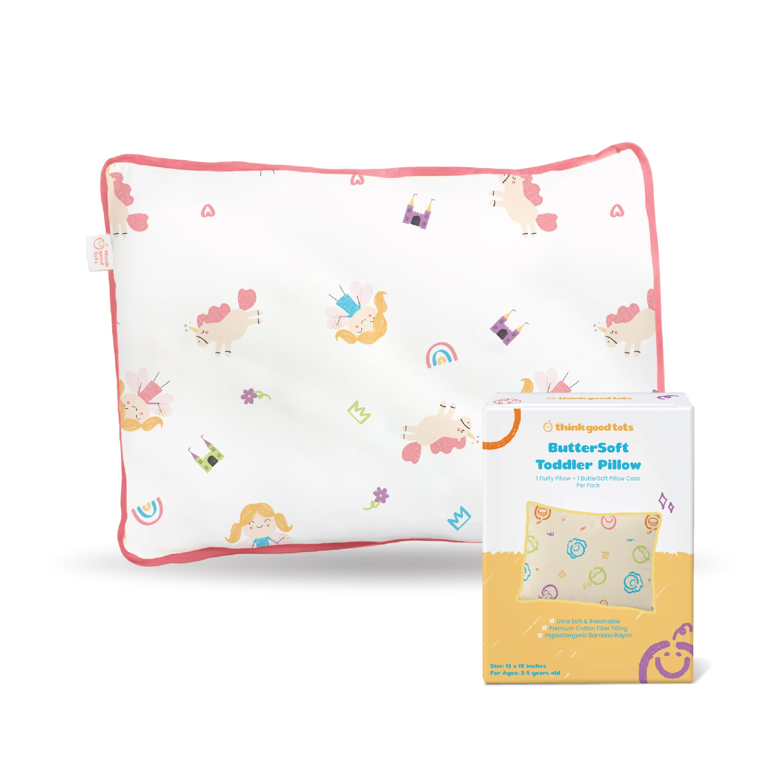 THINK GOOD TOTS Toddler Pillow with Pillowcase 13x18 - Kids Sleeping Pillow - Soft Breathable Cooling - Ergonomic Neck Support - Pillow for Toddler Bed & Travel (Fairy Fantasy)