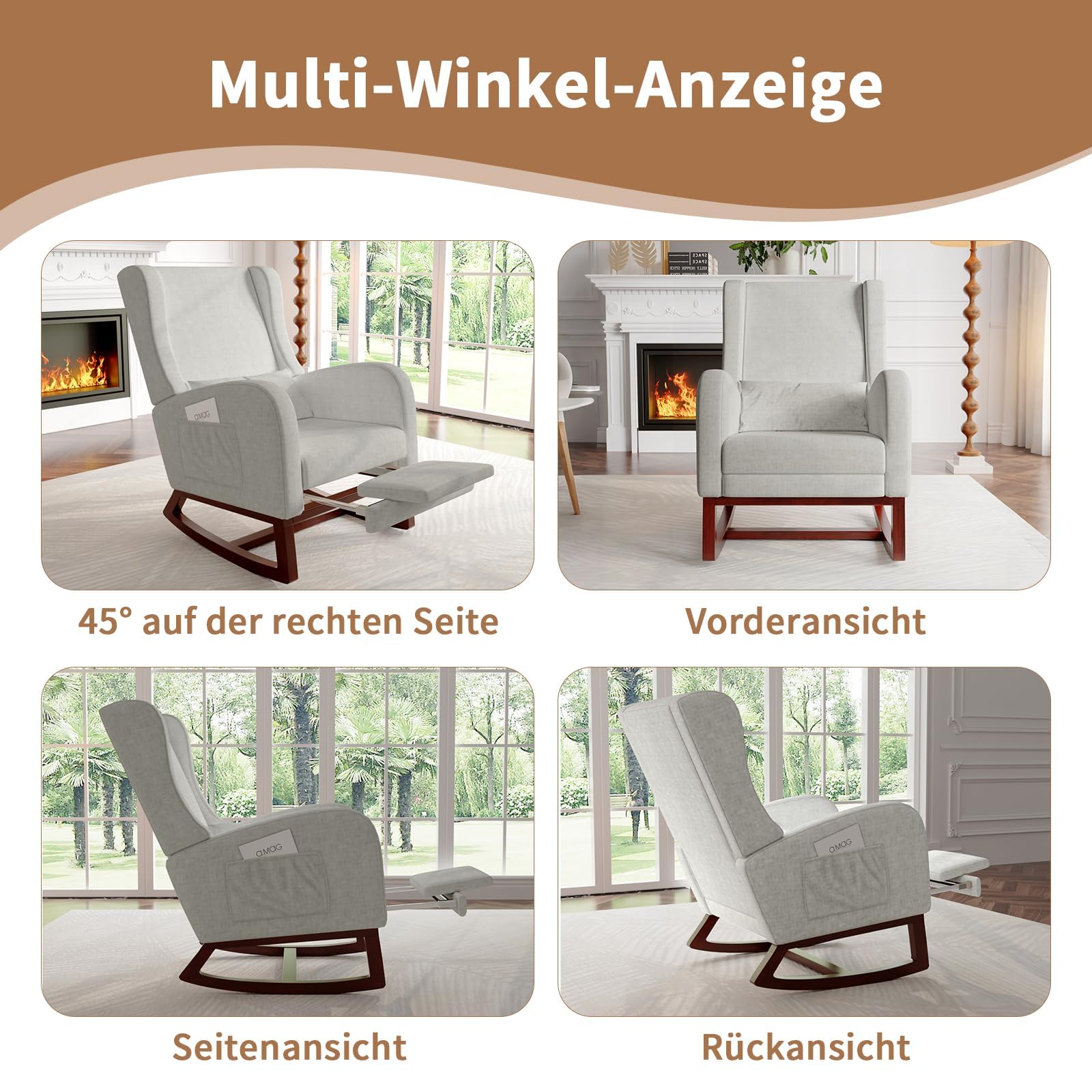 Silla Mecedora con reposabrazos y Bolsillos Laterales, Patas de Madera Maciza, Silla de relajación para Lactancia, Adecuada para Sala de Estar y Dormitorio, con cojín Acolchado (Gris)