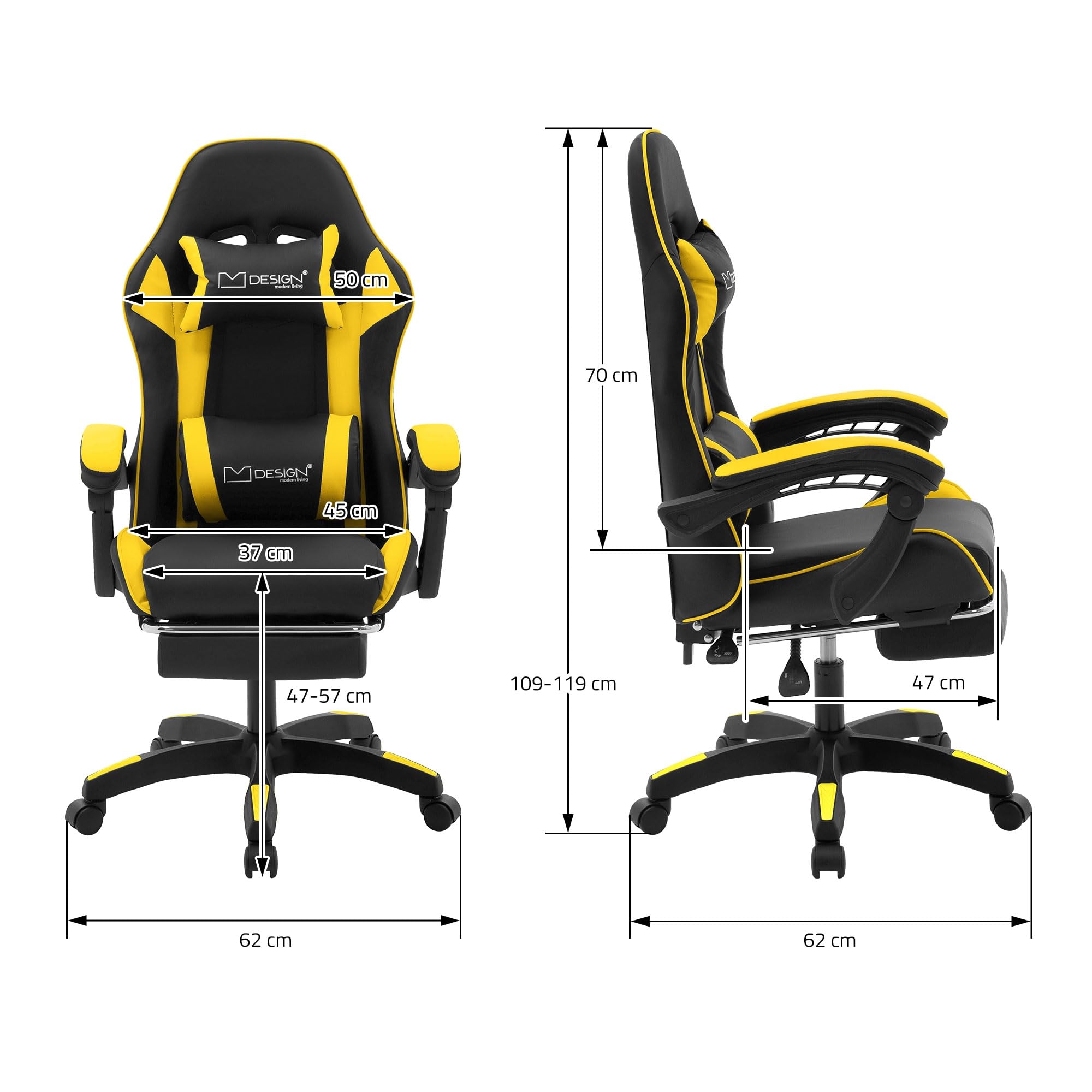 ML-Design Sedia da Gaming Ergonomica in Similpelle Giallo, Poggiapiedi, Braccioli, Poggiatesta, Cuscino Lombare, Stile Racing, Poltrona da Gioco Girevole e Regolabile, Ideale per Scrivania o Ufficio