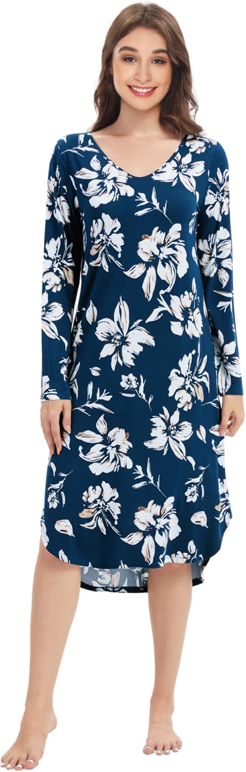 WiWi Bamboo Viscose Nightgowns for Women Soft Long Sleeve Sleep Shirt Nightshirts Cooling Pajamas Sleepwear S-4X