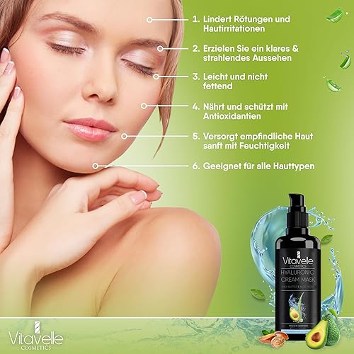 Miniatura 4 de VITAVELLE Mascarilla hidratante para el cuidado de la piel, crema facial hialurónica, máscara facial para el cuidado de la piel sensible, mascarilla