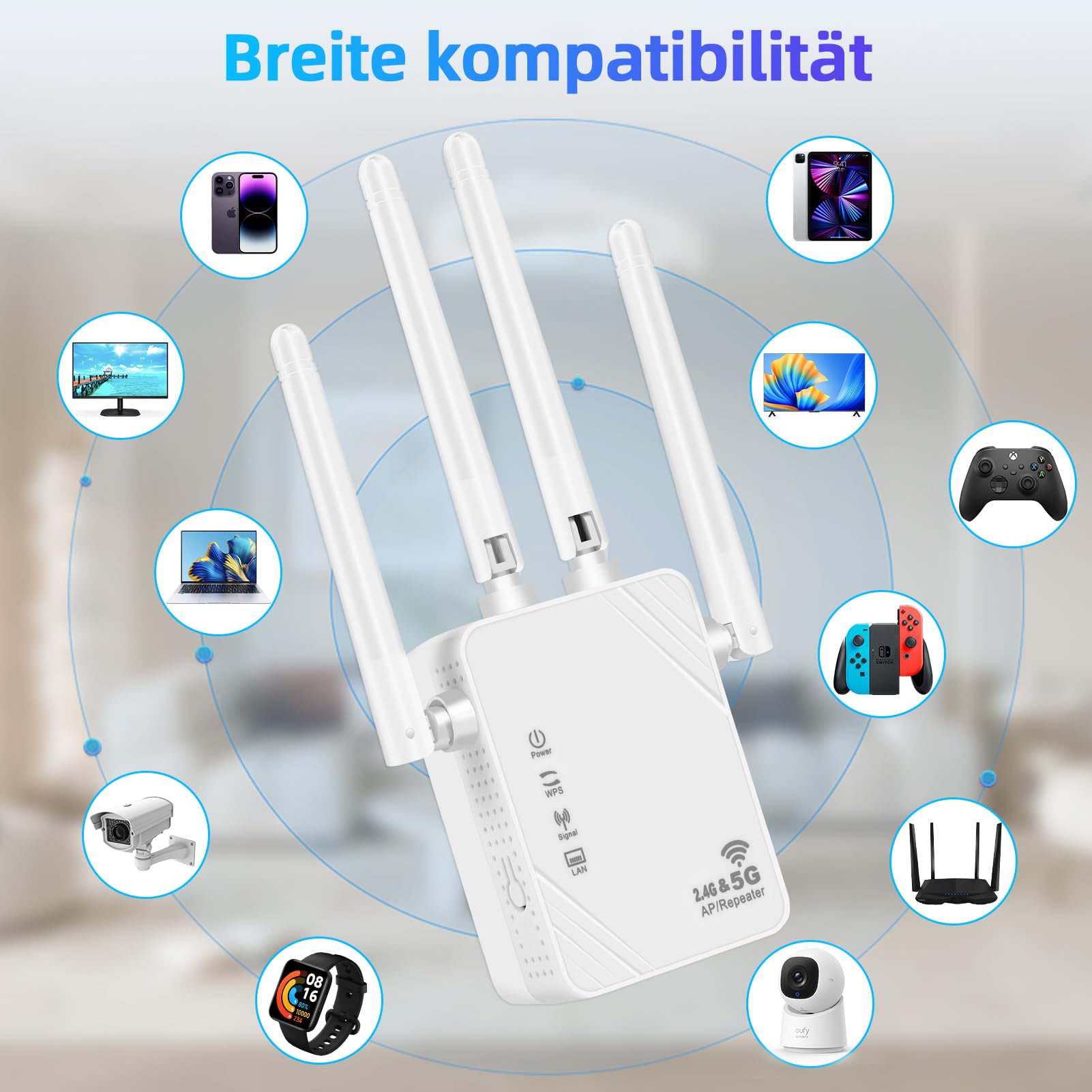 Amplificateur Wi-Fi, répéteur Wi-Fi 1200 Mbit/s, double bande 5G et 2,4 G, amplificateur WiFi ultra extensible avec port LAN, WPS, compatible avec 99 % des routeurs WiFi standard, couvre jusqu'à 9200