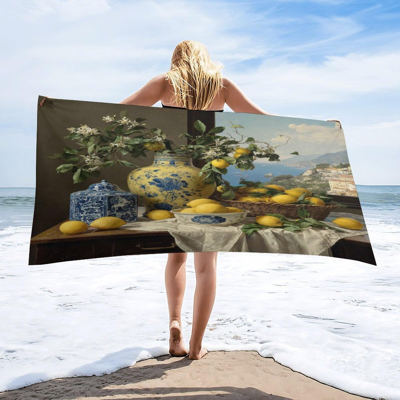 Luyysky Retro Abstract Fruit Lemon Quick-Drying Beach Towel, Mid Century Vintage Window Landscape Coastal Plant Floral Travel Vacation Single Sided Pile Bathroom Towels-80 W Cm X 160" L Cm