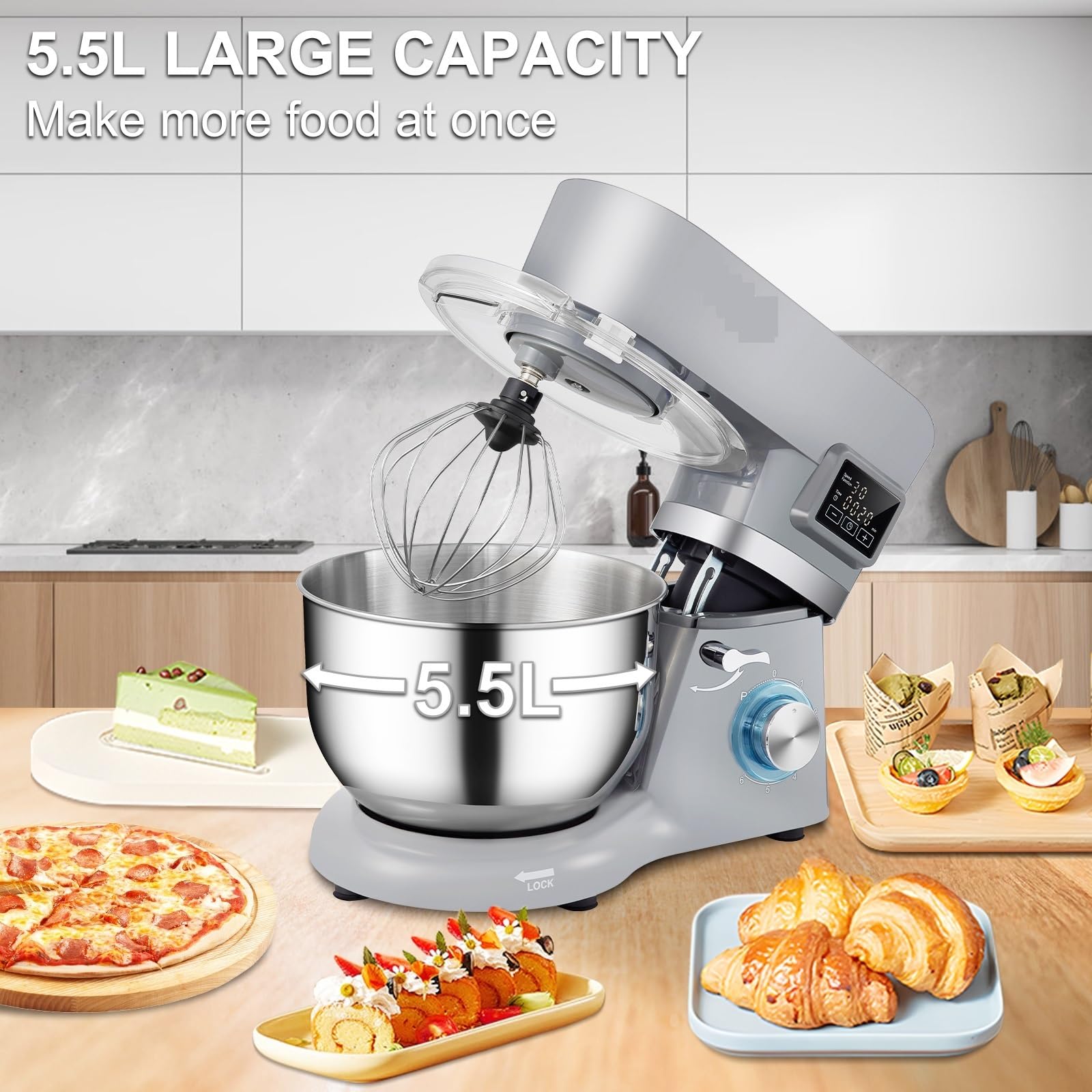 Batteur sur Socle électrique 5.5/7L avec 6 Vitesses écran LCD minuterie mélangeur Alimentaire crème Oeuf Fouet Fouet pétrin avec Bol en Acier (Color : 7L 450W, Size : 1 UK)