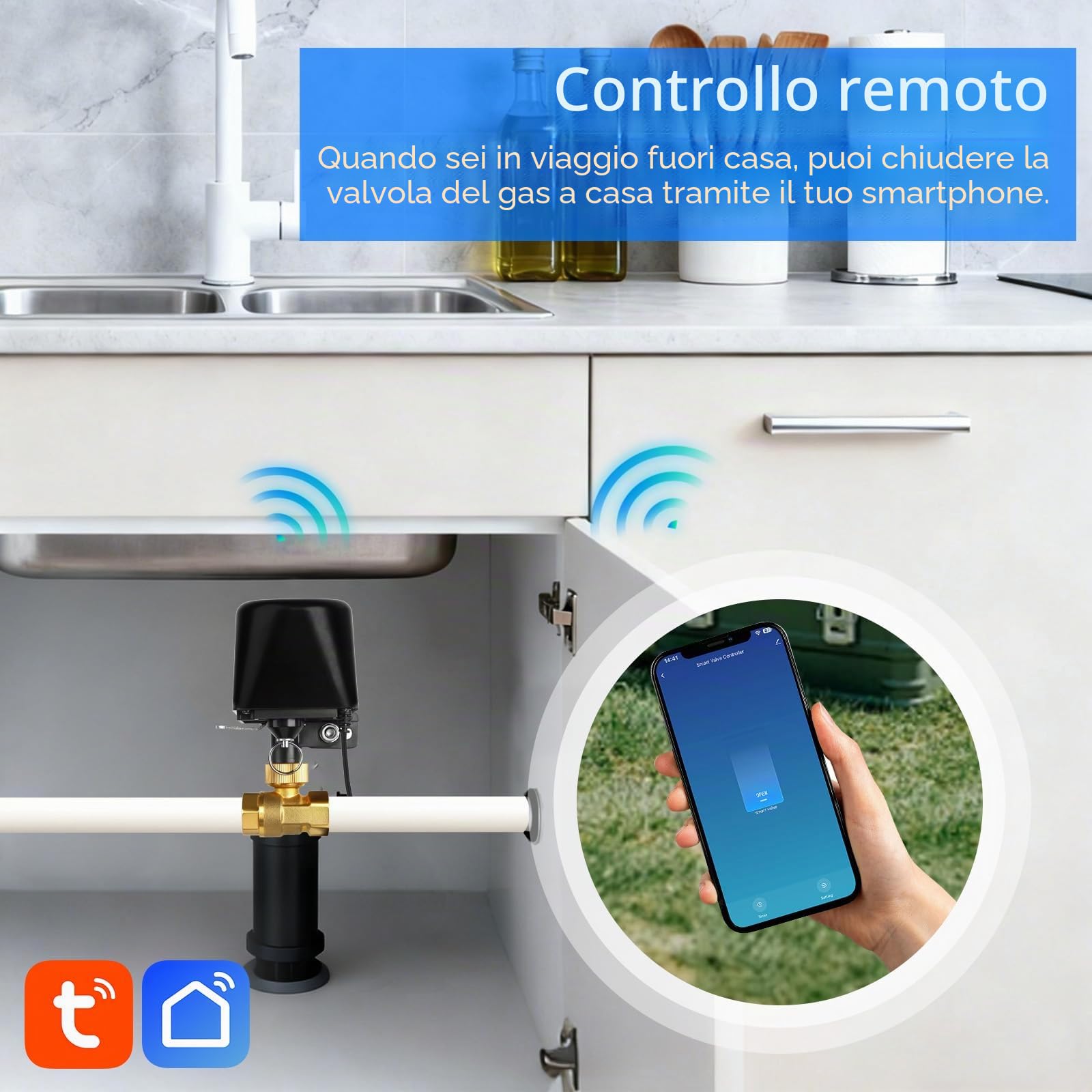 Smart Water Valve WiFi / Bluetooth Valvola di Controllo Vocale Valvola Acqua Compatibile con Alexa e Google 2.4GHz Controllo Automatico Valvola per Cucina, Giardino Fattoria (DN15)