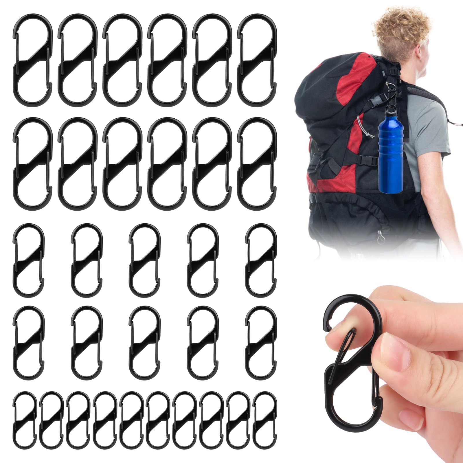 30 Moschettoni A S - 3/4/5cm, Nero, Lega Zinco, Per Outdoor E Casa