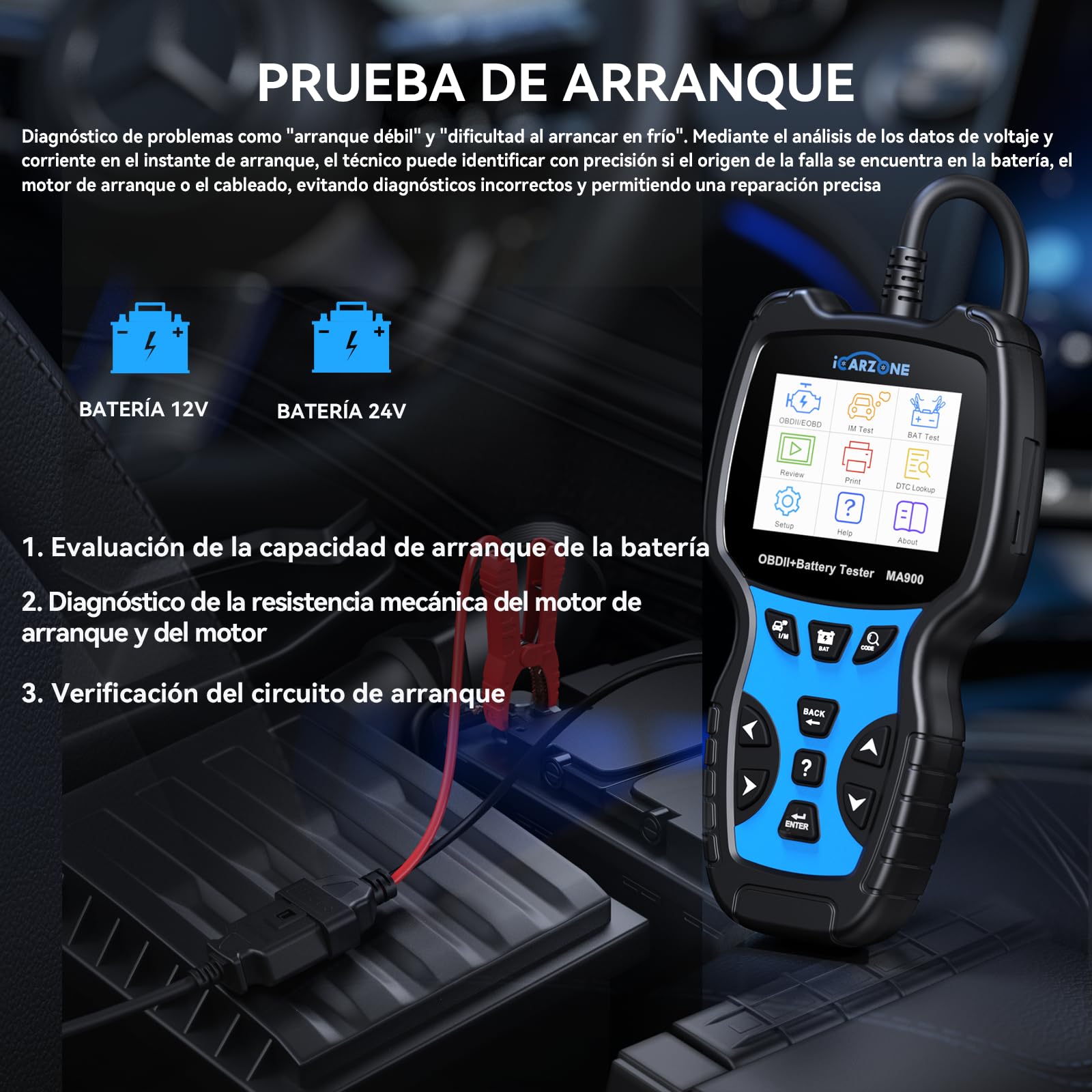 MA900 Comprobador de Batería Coche + Escáner OBD2 -Test de Descarga, Test de Corriente de Arranque, Test de Carga, Función de Lectura para OBFCM, Leer/Borrar Códigos, Datos en Tiempo Real-12V/24V