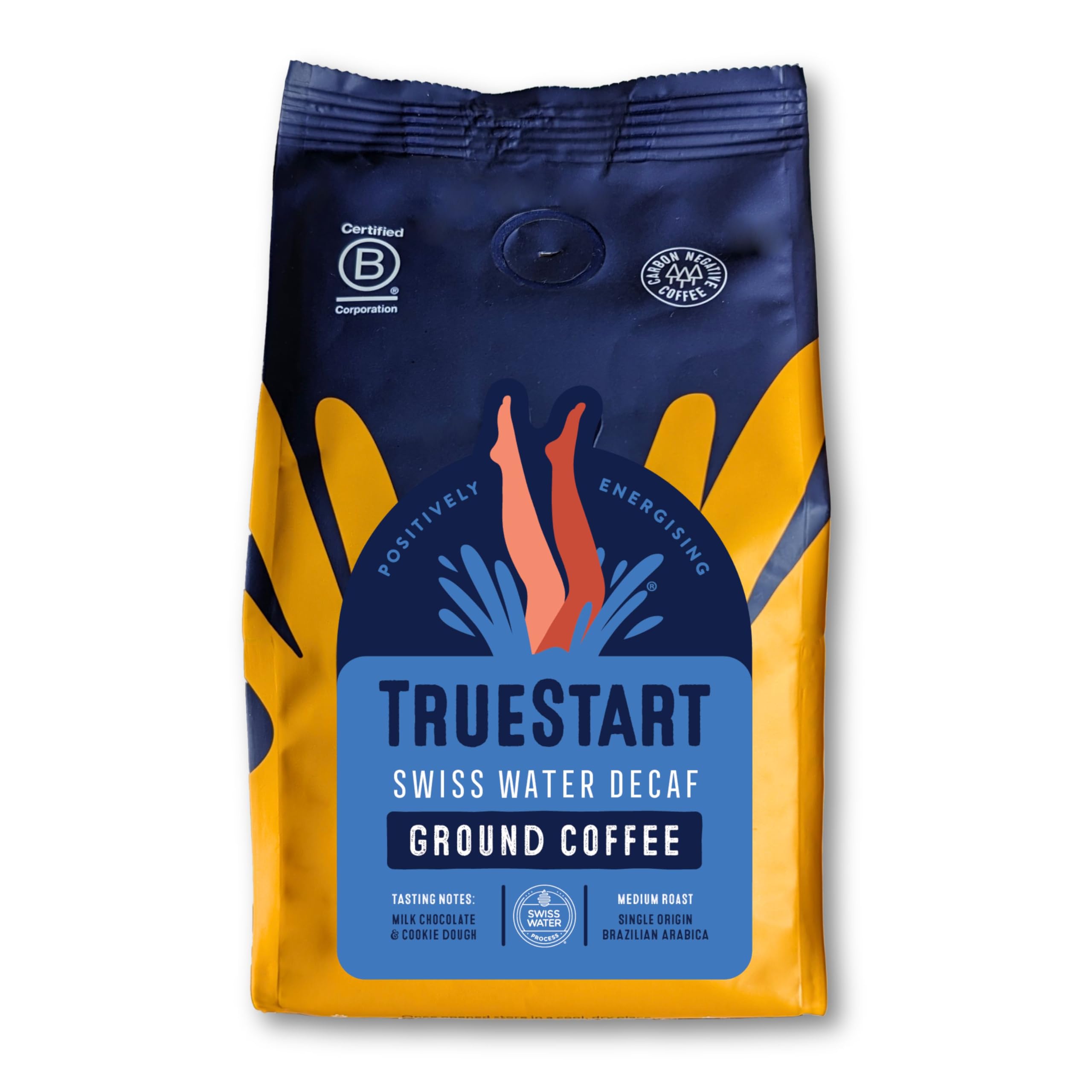 TrueStart Ground Coffee - Swiss Water Decaf - 100% Arabica, Medium Roast, Specialty Grade - Mycotoxin-Free & Antioxidant Rich Decaffeinated Coffee Grounds for Cafetiere, Aeropress - 200g, 1 Pack