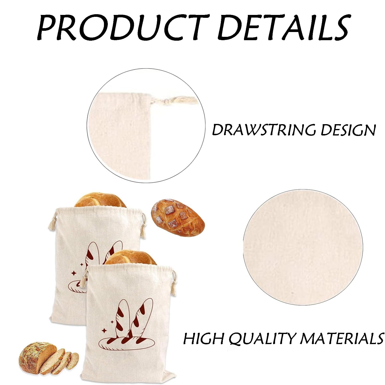 2PCS Linen Bread Bags - Large Reusable Muslin Homemade Eco Bread Storage Bags with Drawstring, Khaki, 30cm x 40cm - Image 3