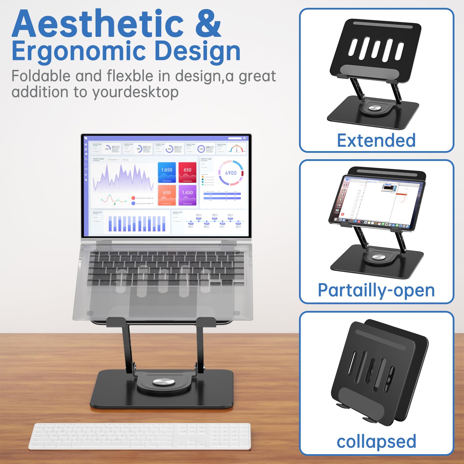 Supporto per computer portatile per scrivania regolabile con base rotante a 360 ° Supporto ergonomico per laptop per scrivania pieghevole portatile scrivania per computer compatibile con MacBook