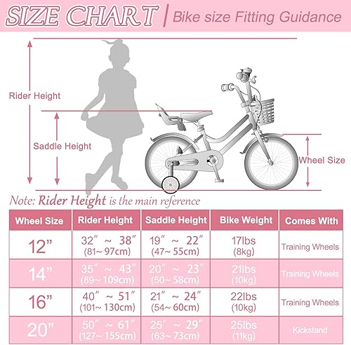 Miniatura 6 de Glaf Bicicleta para niñas pequeñas de 2 a 12 años, 12, 14, 16 y 20 pulgadas, bicicleta para niñas con ruedas de entrenamiento y asiento de muñeca,