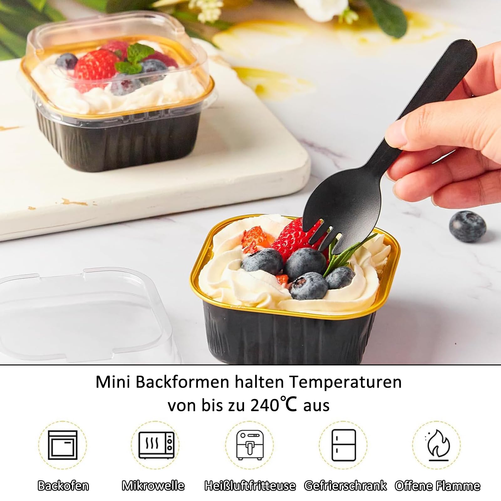 Mini Teglie Alluminio Con Coperchio – 50 Pezzi Da 200 Ml, Rettangolari, Con Forchetta, Per Dolci E Buffet - 2