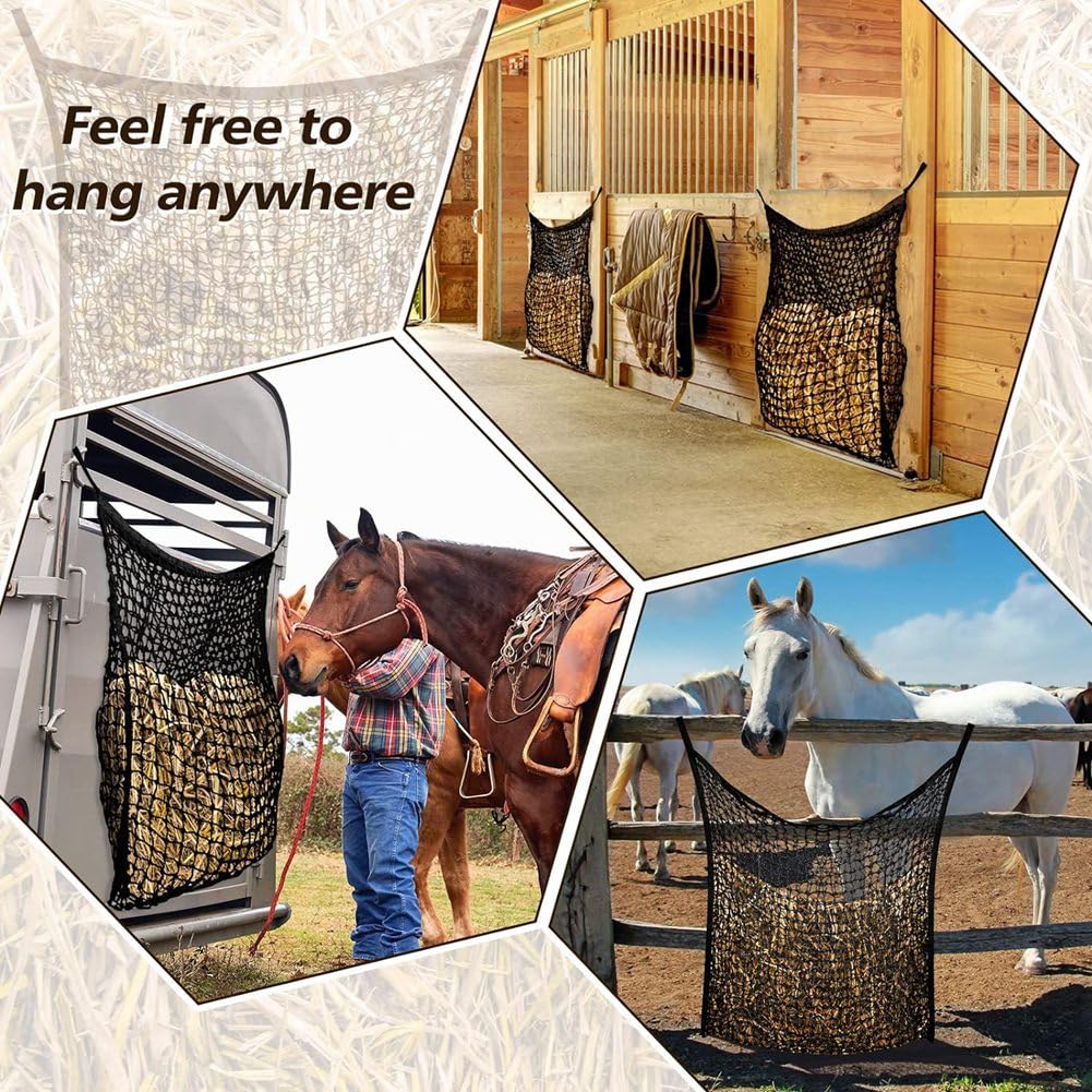 Red de heno de alimentación lenta para caballos y cabras, paquete de 2 bolsas de heno blancas, suministros de alimentación duraderos, reduce los residuos, promueve una alimentación saludable, ideal